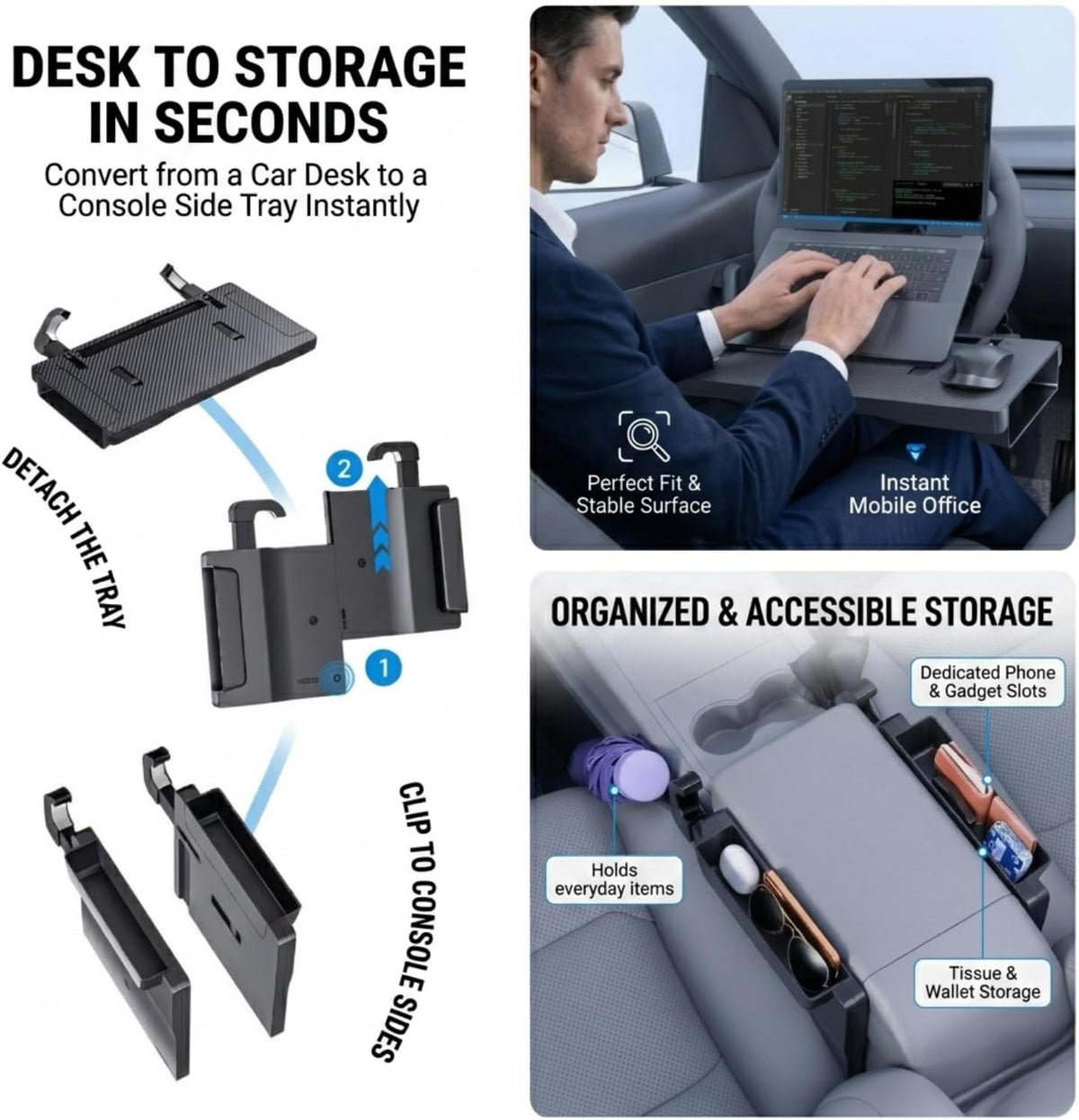 2 in 1 Steering Wheel Tray Table & Seat Gap Filler Organizer,Table for Eating in Car, Universal Fit for Most Cars, Car Tray for Working & Eating