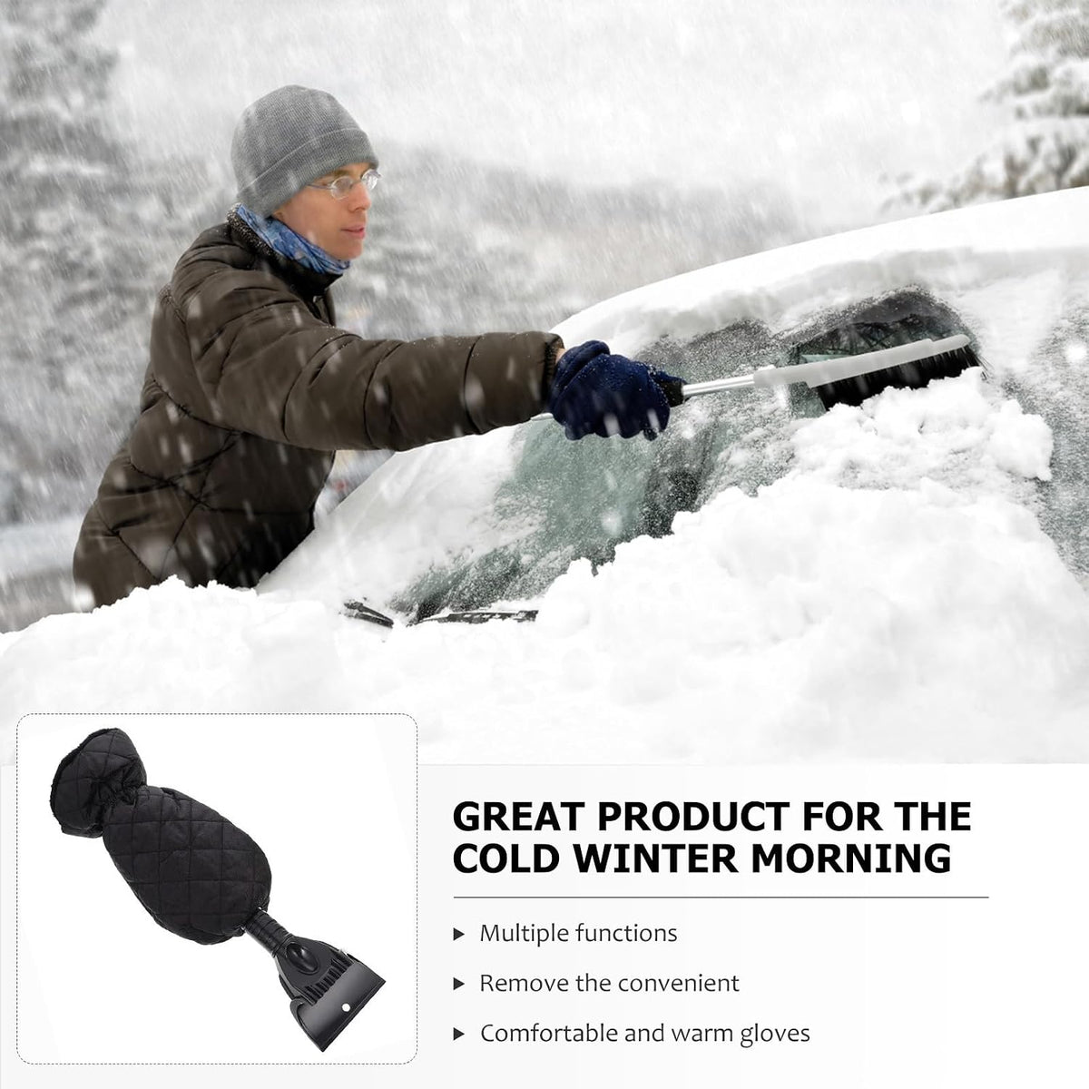 Xmas Car Snow Shovel Gloves, Telescopic Ice Scraper with Brush