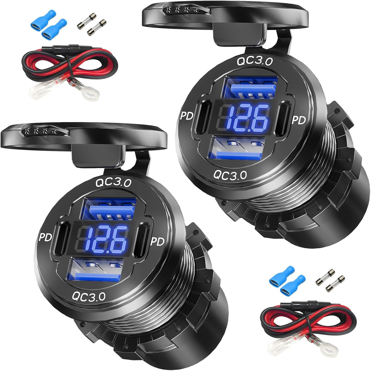 Dual PD USB C Ports & Dual Quick Charge 3.0 Ports Car Charger Socket, VANONE Aluminum Alloy Waterproof 12V USB Outlet, Accessories for Car Boat Marine Motorcycle RV ATV Truck Golf Cart, etc