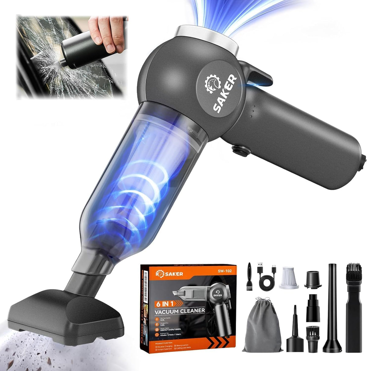 Saker Car Vacuum Portable 6-in-1 Cordless Vacuums, 20000PA SW102 Black