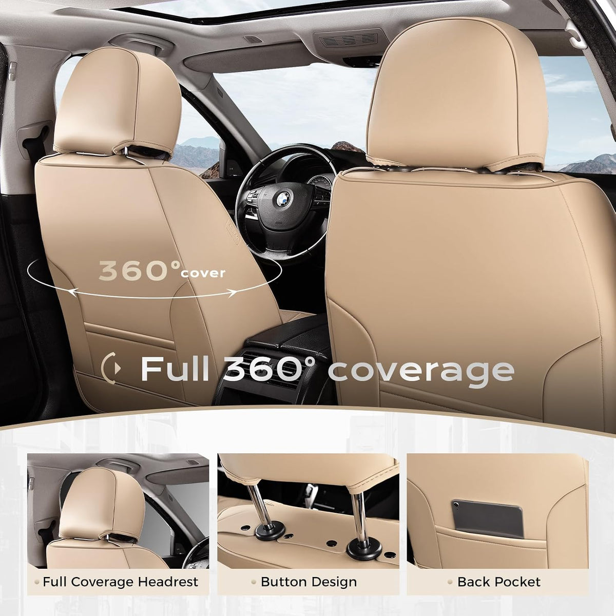 Coverado Nappa Leather Car Seat Covers Full Set, Luxury Waterproof Seat Protectors, Airbag Compatible Anti‑Slip Auto Seat Covers, Universal Fit for Most Cars SUVs Trucks Pickup Vehicles