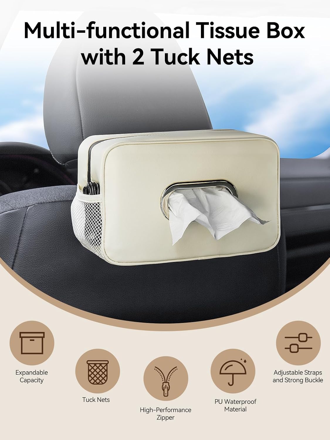 Multi-Functional Car Tissue Holder with ‌2 Storage Nets, Tissue Box Cover