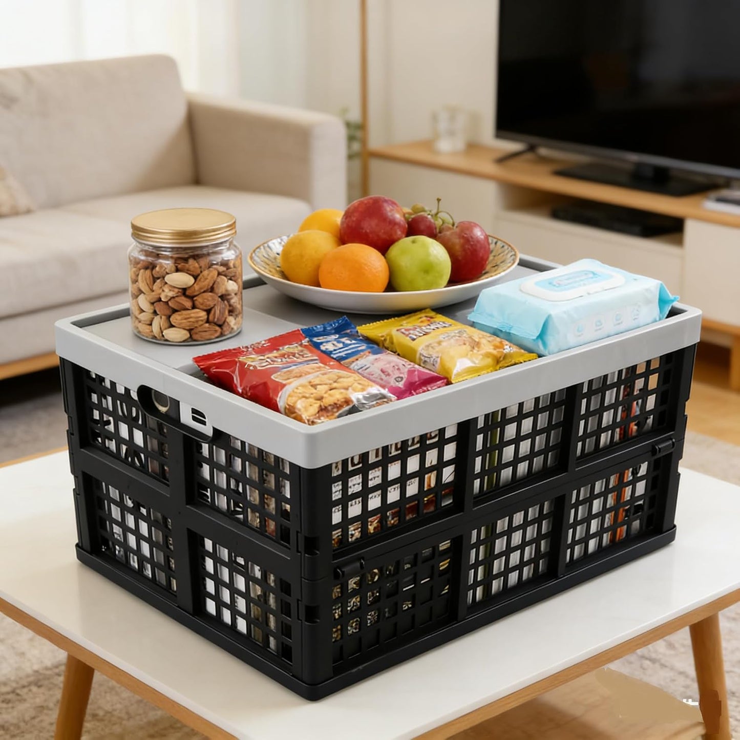 3-Pack Plastic Crates, 42L Foldable Baskets, Collapsible Crates | Stackable Storage Container, Baskets and Bins for Organizing Tools, Books, Food, Drinks, Camping, Shopping & Transport