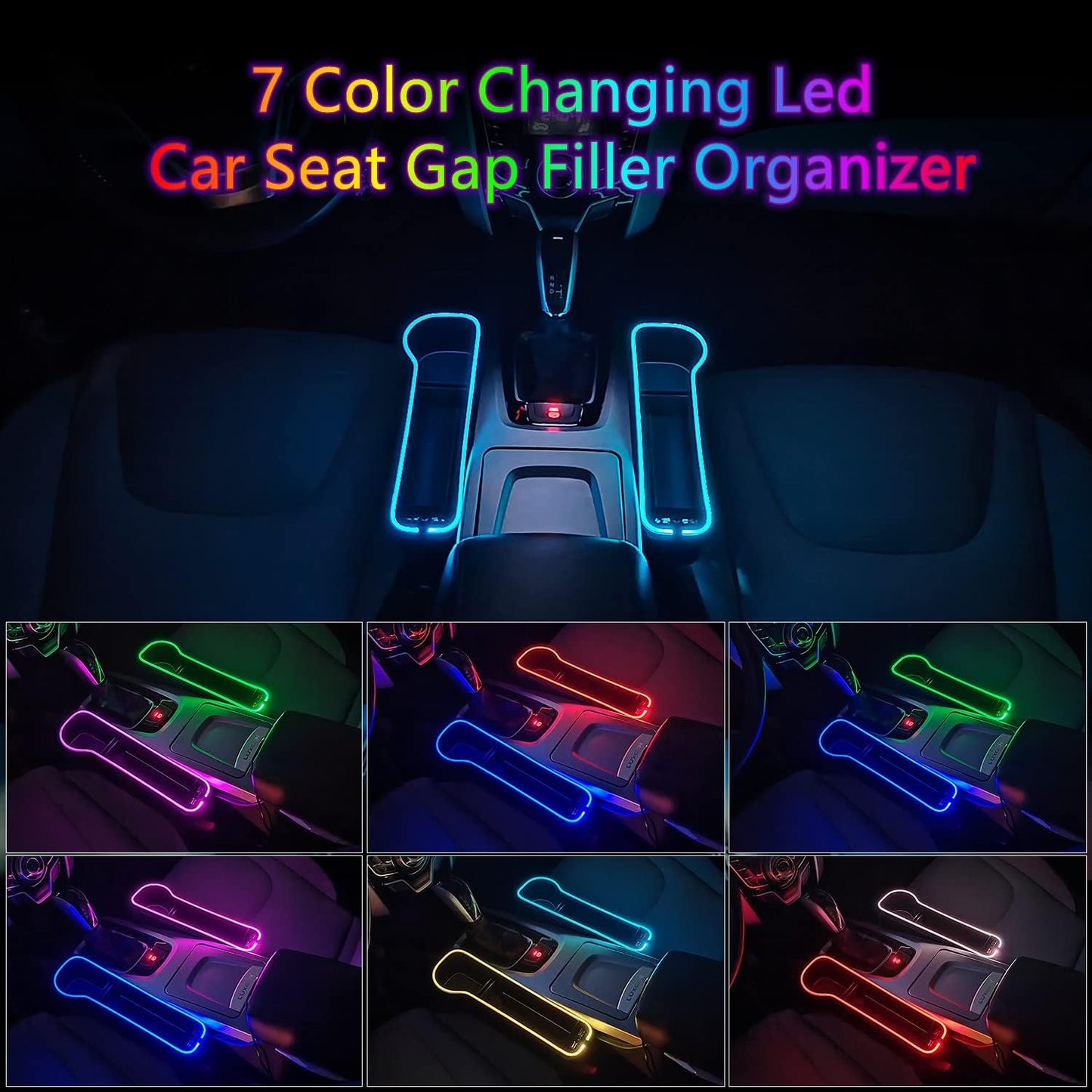 2 Pack Car Seat Gap Organizer,Multifunctional Seat Gap Storage Box with USB Fast Charger, Car Seat Pockets with Led Light, Car Seat Gap Filler with Cup Holder (Black)