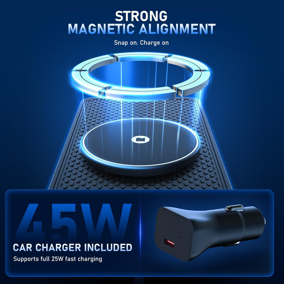 25W Magnetic Wireless Car Charger Pad, REESTECQI for MagSafe Car Charger with 45W USB-C Car Charger, Anti-Slip Wireless Charging Pad for Car Compatible with iPhone 18 17 16 15 14 13 12 (30CM Cable)