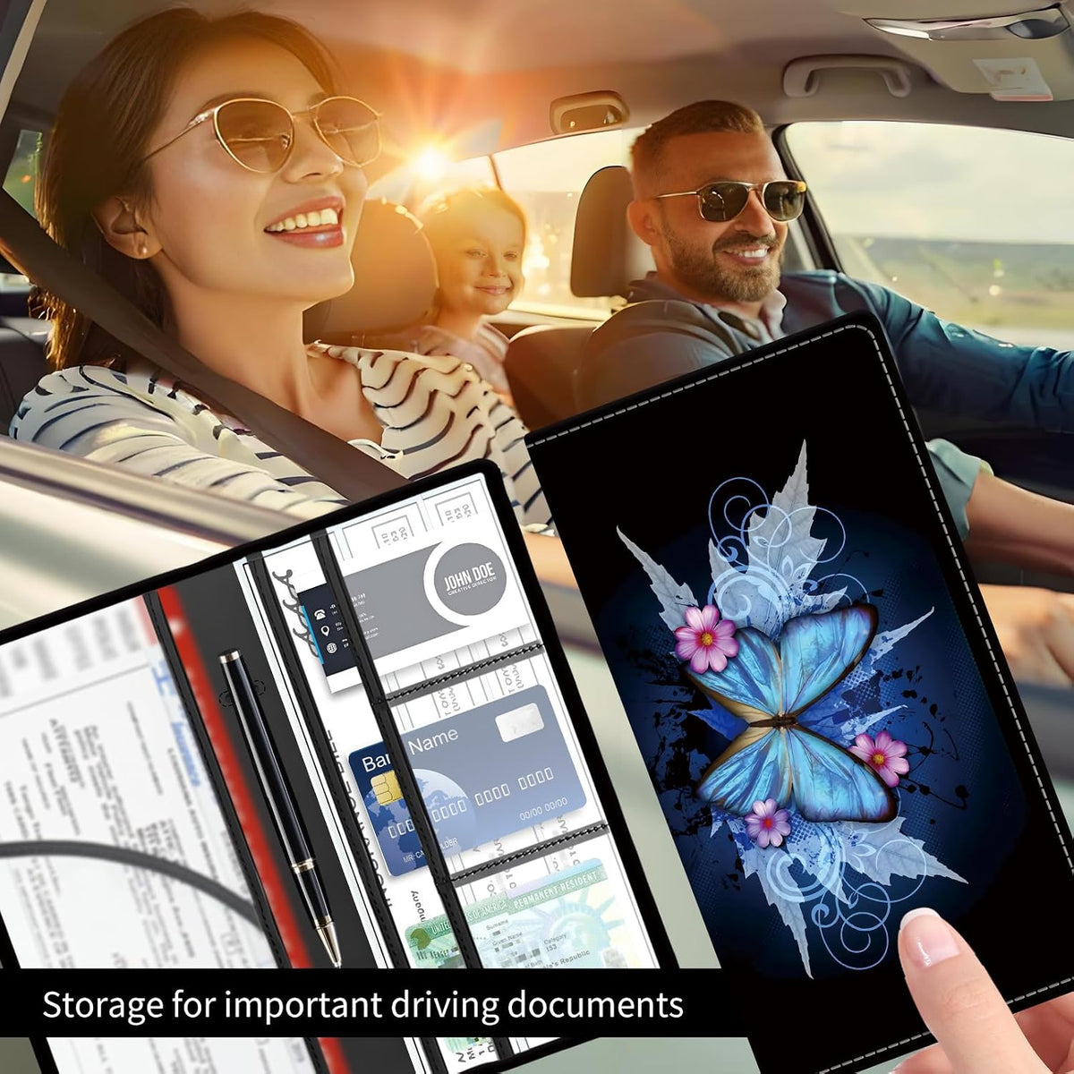 Premium Car Registration and Insurance Card Holder, Cute PU Leather Car Document Holder, Vehicle Glove Box Car Organizer with Magnetic Closure for Driver License, Cards Retro Blue Butterfly
