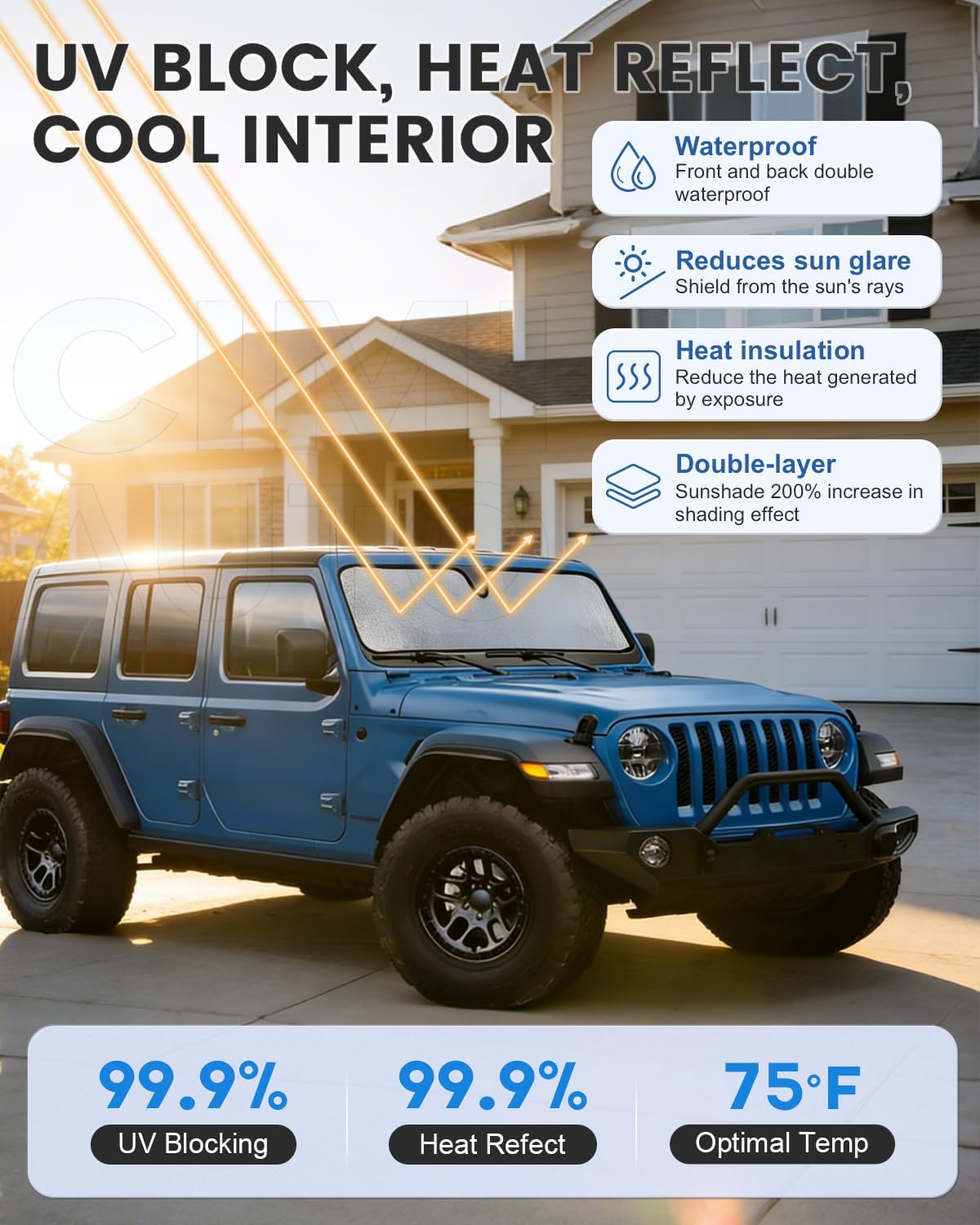 Windshield Sun Shade for Jeep Wrangler TJ JK JL & Gladiator JT 2/4 Door | No Pattern Sunshade | UV Blocking Sunshade for Jeep Wrangler Heat Shield Accessories