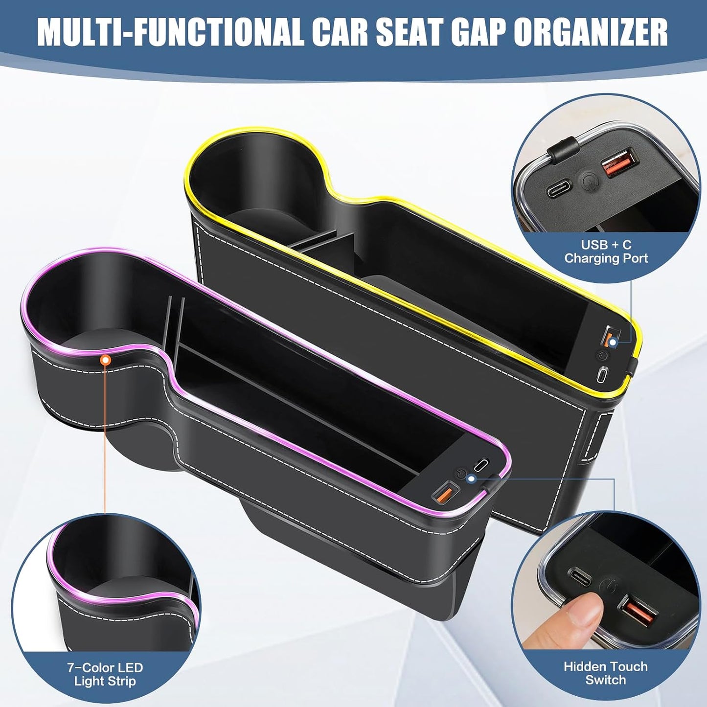7 Color Led Car Seat Gap Filler Organizer Car Seat Pocket Gap Filler with USB+C Fast Charger,Car Gap Organizer Storage 2023 Console Side Seat Gap Filler fit for Passenger Side(Black-passenger side)