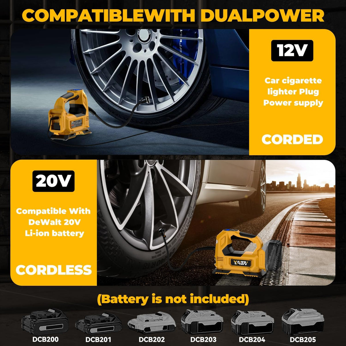 Cordless Tire Inflator Air Compressor Compatible with Dewalt 20V Battery,160PSI Portable LED Light Handheld Pump with Digital Pressure Gauge Cars Motorcycles Bikes Balls(Battery Not Included)