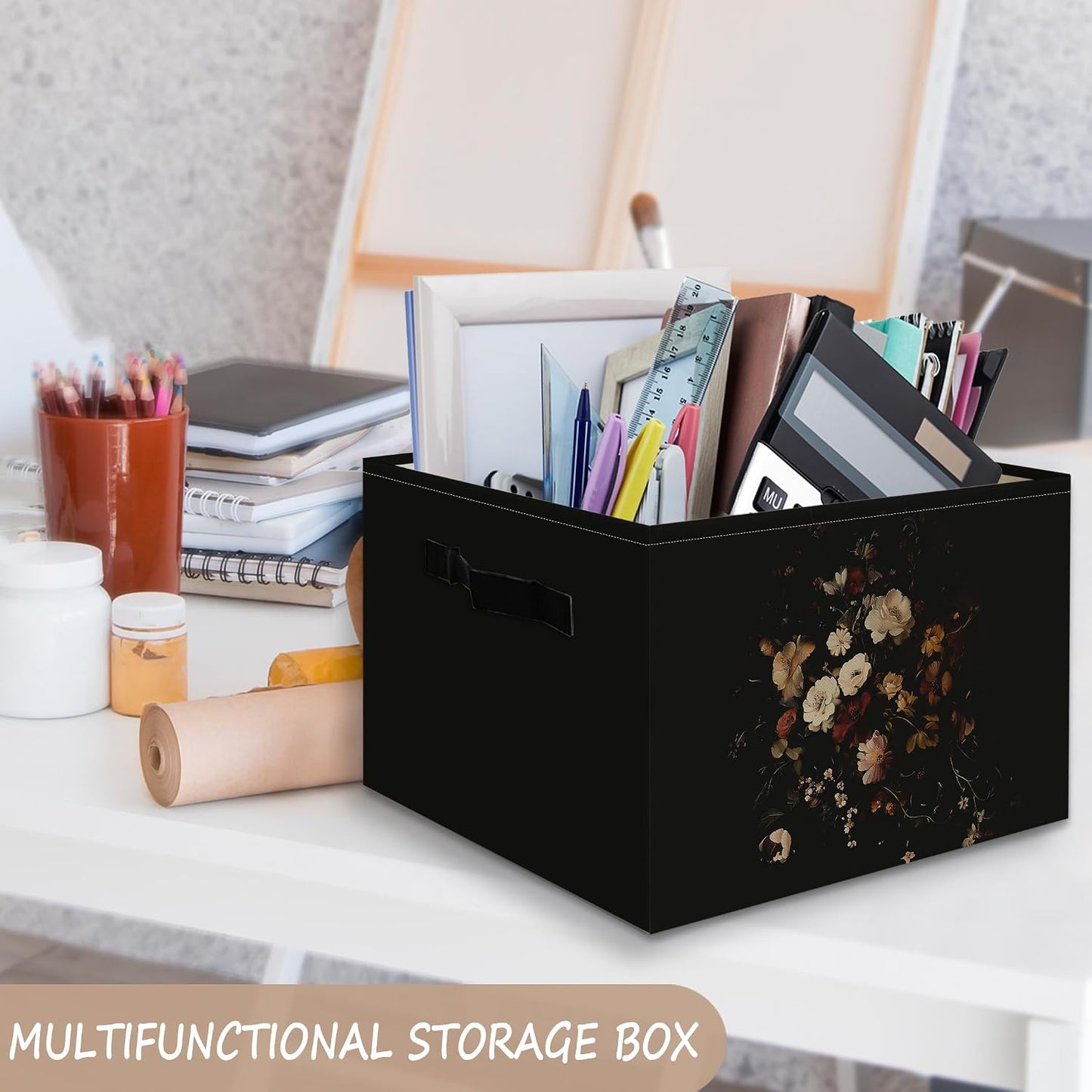 Moody Floral Decor Basket Foldable Storage Bins Box with Handles, Dark Academia Cottagecore Rustic Wildflower Botanical Organizer Basket for Bedroom Bathroom Kids Room Clothes Toys Books