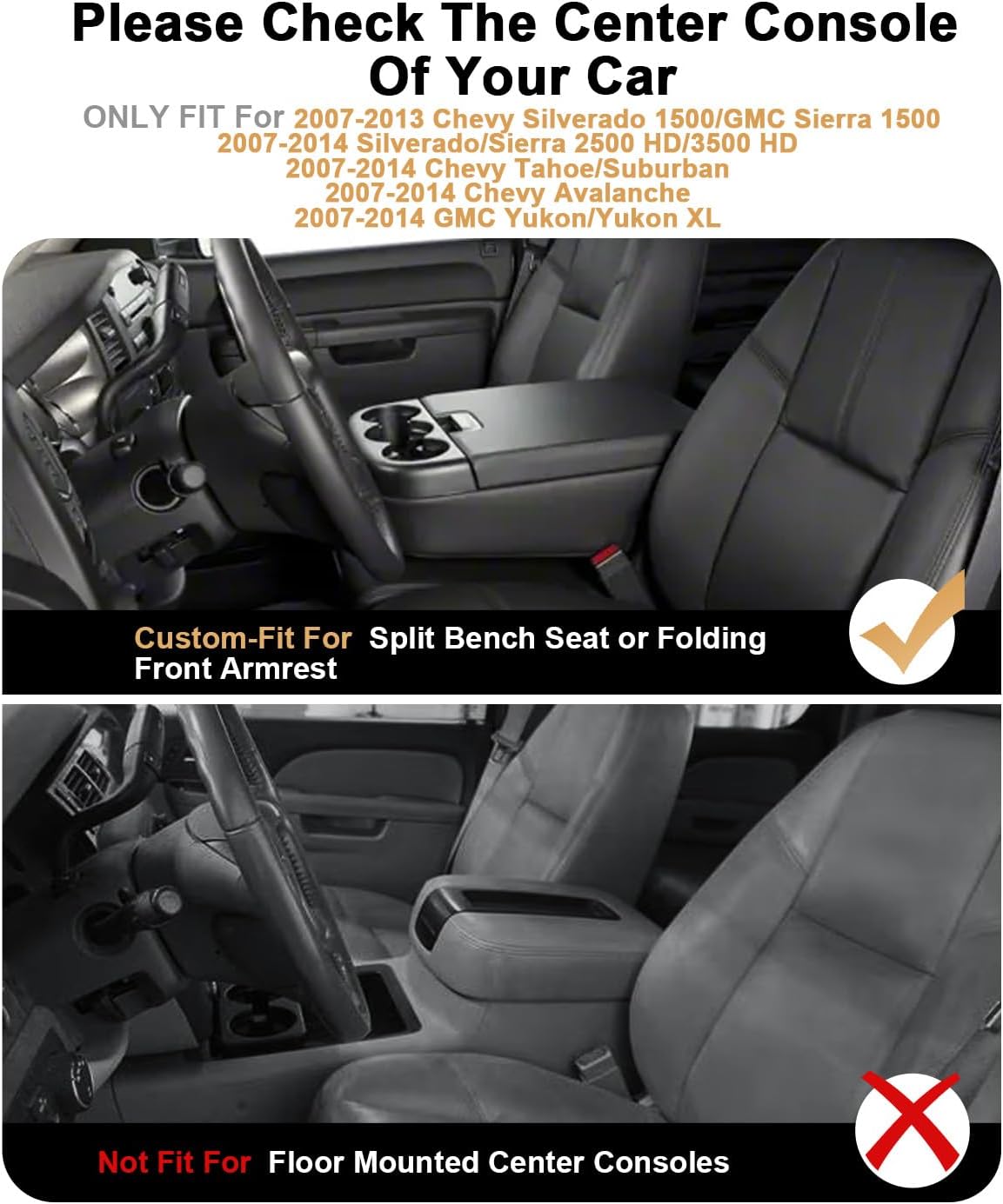 ECOZEN Center Console Organizer for 2007-2014 Chevy Silverado/GMC Sierra & Tahoe/Suburban/Avalanche/Yukon/Yukon XL Accessories - Armrest Box Organizer - Only Fit Split-Bench Front Seat/Jump Seats
