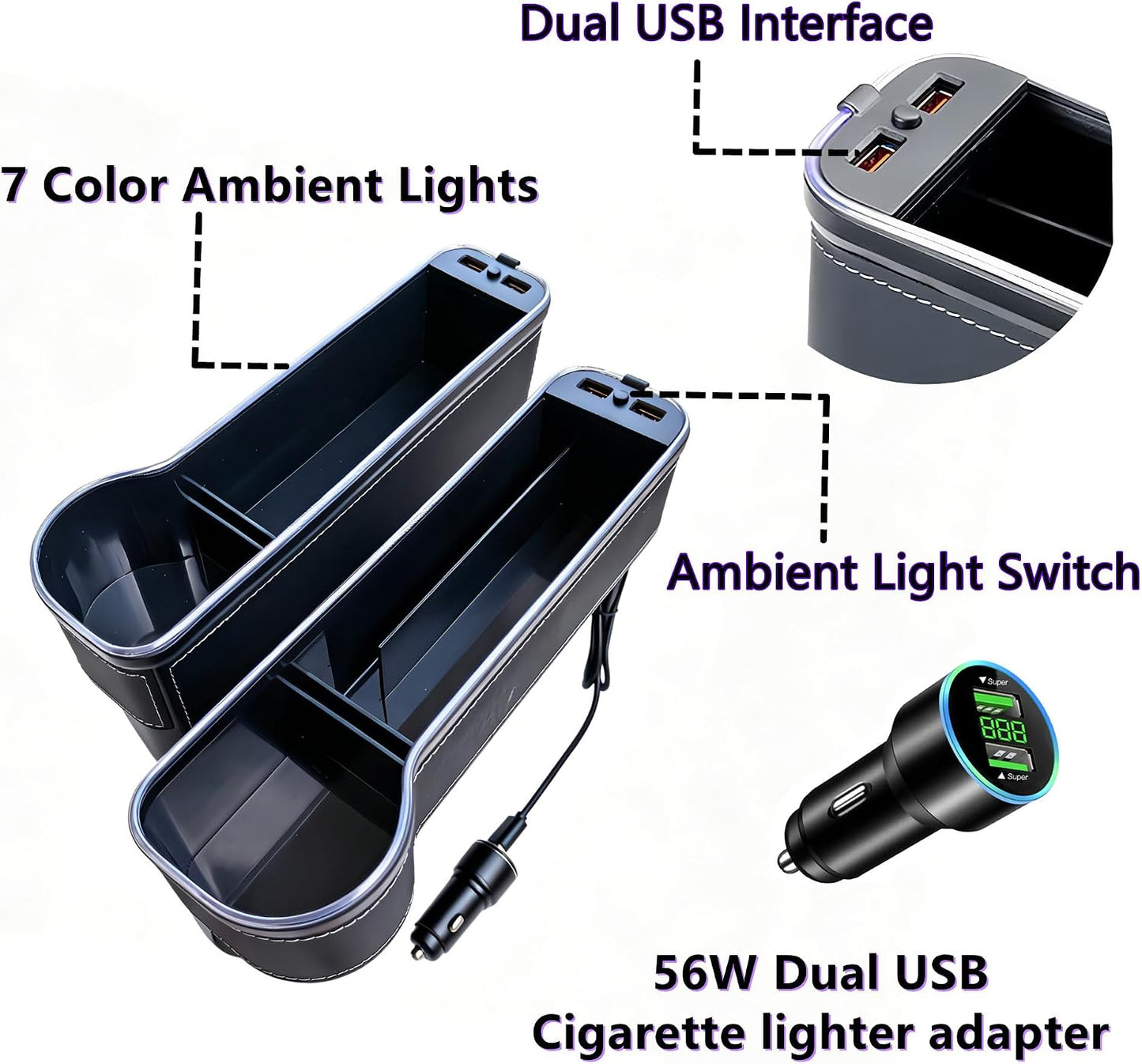 7 Color Led Car Seat Gap Organizer with 56W Fast Charger Car Console Organizer with Cup Holder Front Seat Gap Filler with USB Between Seat Cup Holder fit for Android iPhone (Black)