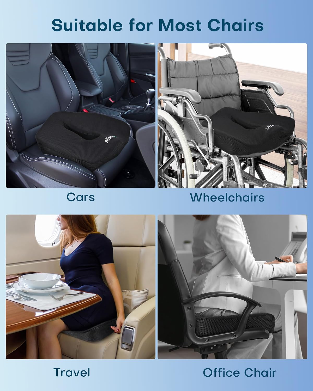 Feagar Extra Large Ergonomic Seat Cushion Memory Foam Seat Cushions for Office Chair, Car Seat and Wheelchair - Wedge Chair Pad for Hip & Lower Back Comfort Black