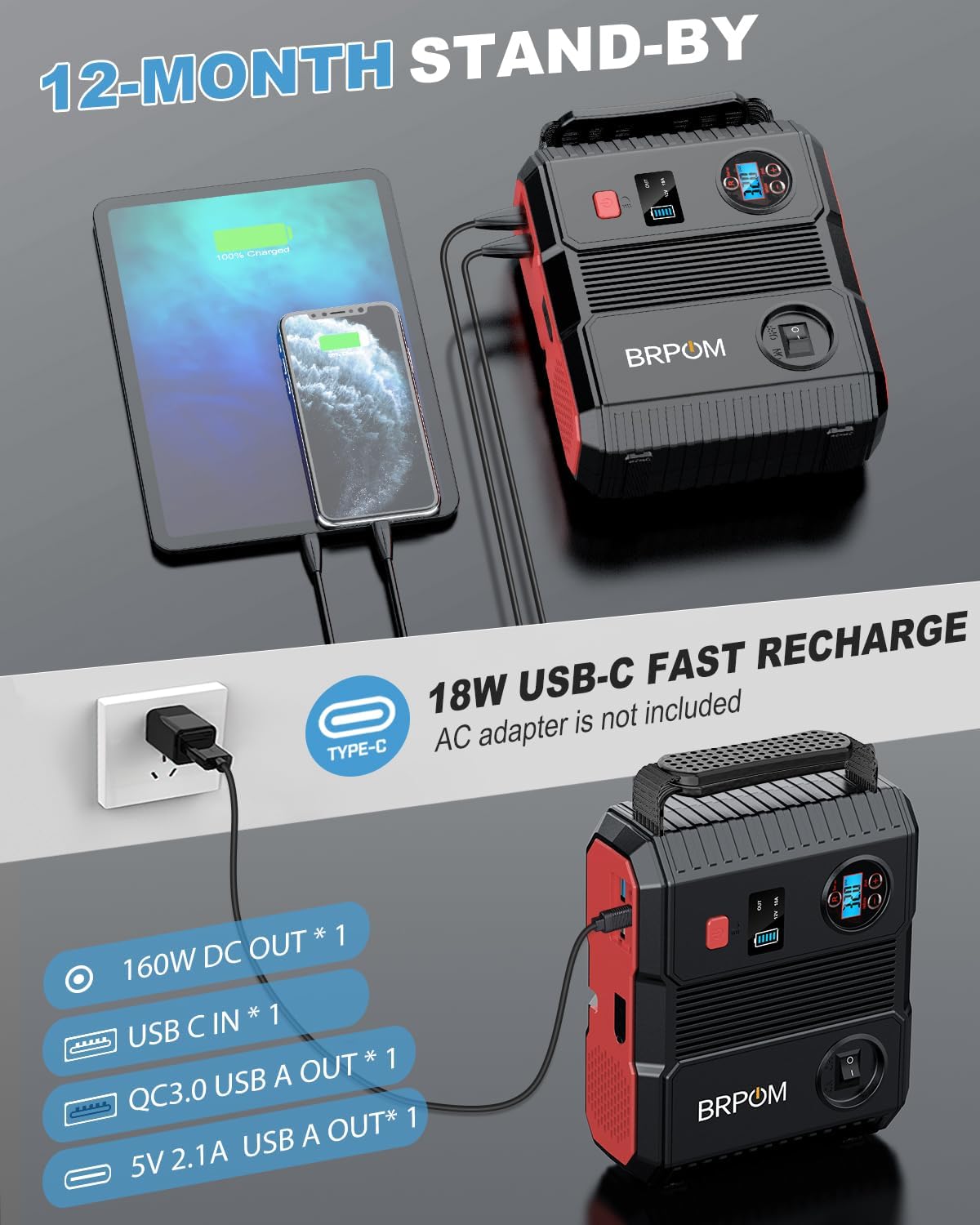 Car Jump Starter with Air Compressor, 9000A Peak 26800mah (Up to All Gas or 12.0L Diesel Engine, 50 Times) Portable160PSI Jump Starter 12V Auto Battery Jump Pack Quick Charge