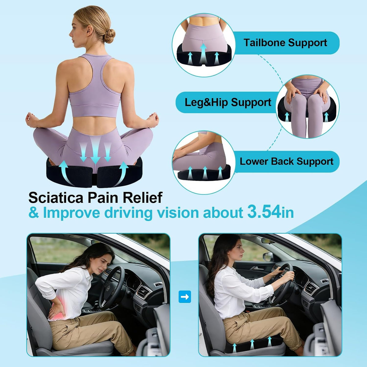 Car Seat Cushion - Premium Gel & Memory Foam Office Chair Cushions for Back,Sciatica,Coccyx,Tailbone Pain Relief, Driver Pillow for Auto, Gaming,Desk, Wheelchair,Truck (Black)