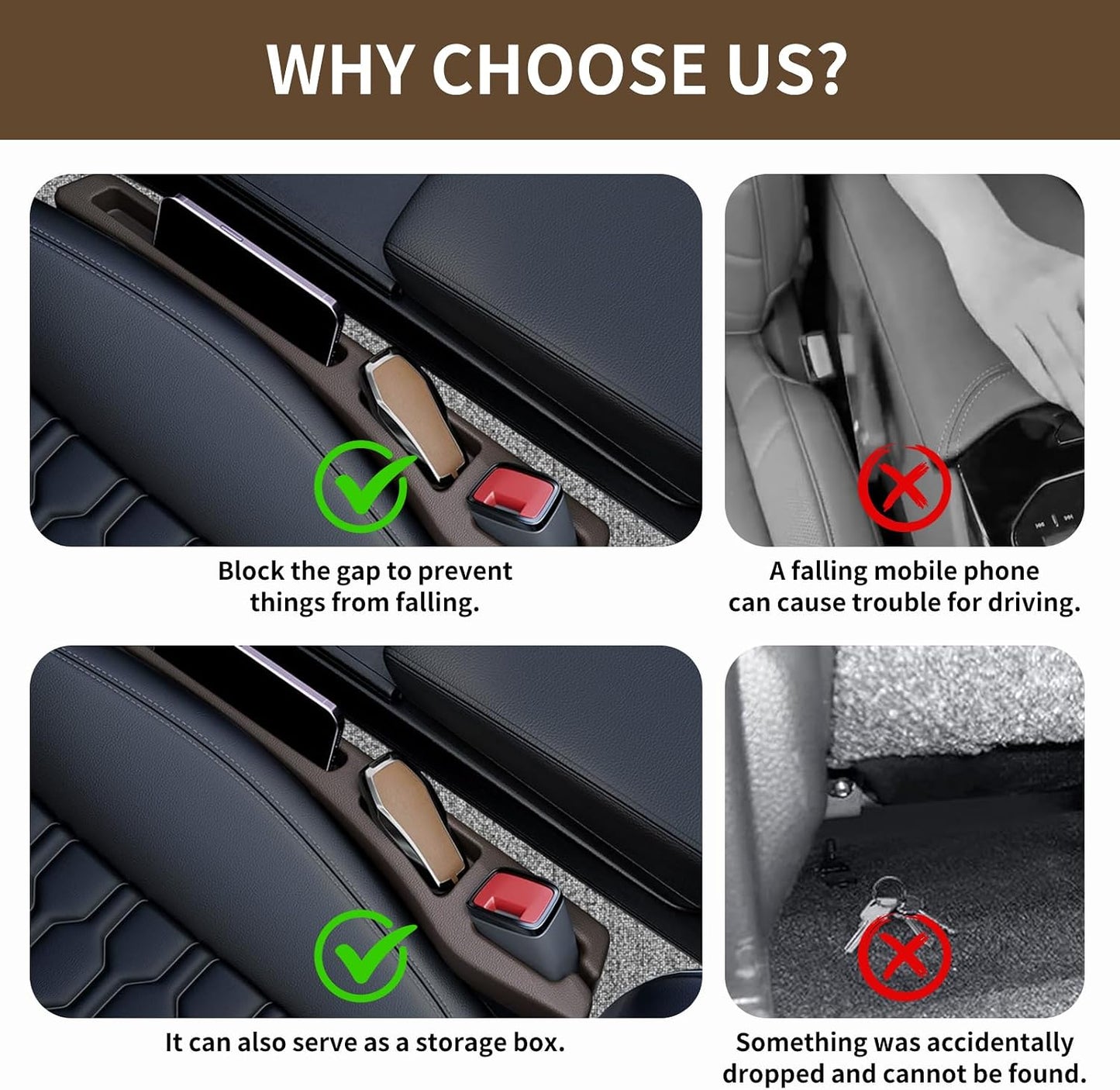 2PCS Car Seat Gap Filler Organizer,Multifunctional Car Gap Filler Organizer Storages Function,Universal Console Catcher Between Seats Cars Interior Accessories (Brown)