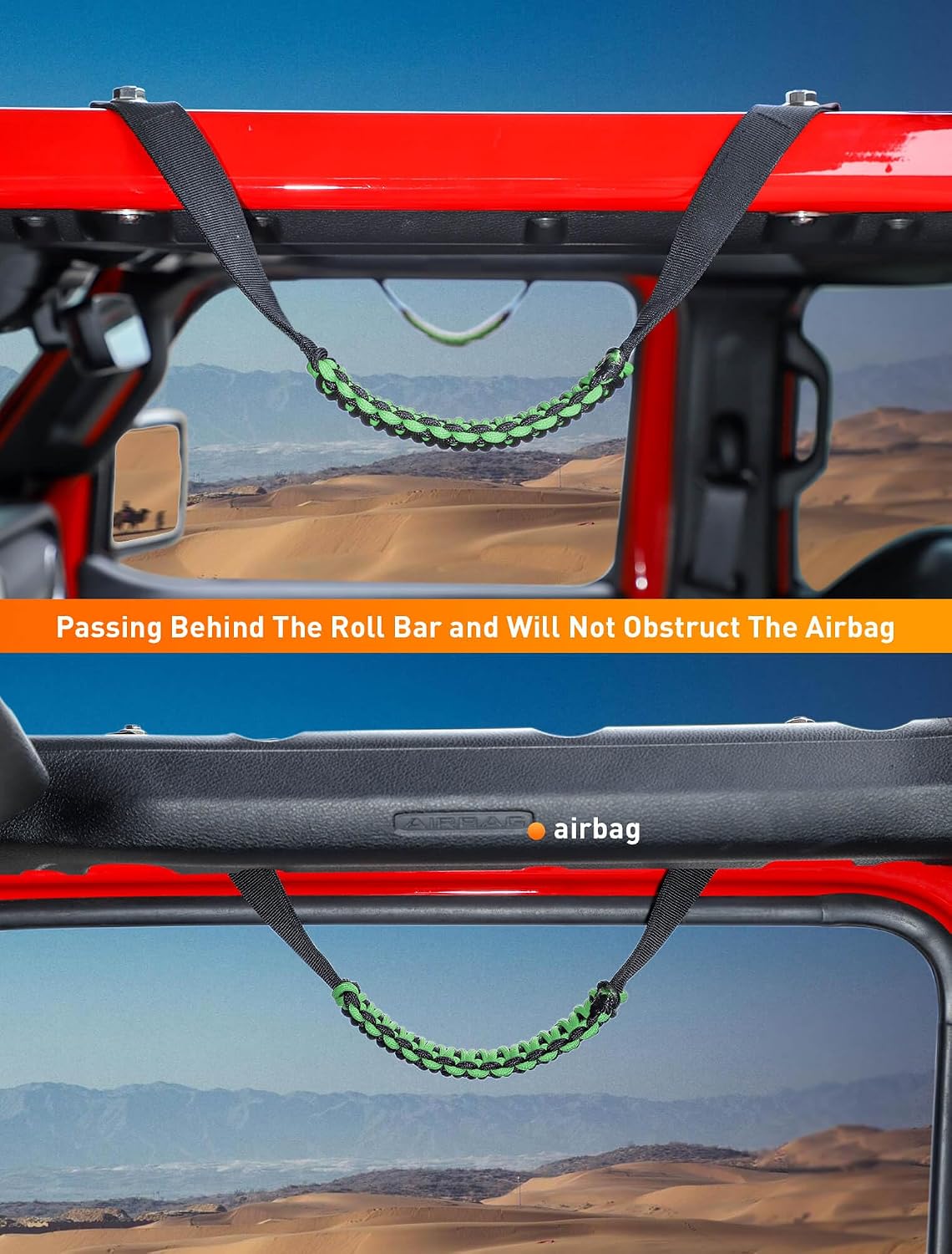 Savadicar 2 Pack Roll Bar Grab Handles for 2018-2024 Jeep Wrangler JL JLU 4XE & Gladiator JT, Roof Top Paracord Handle for Secure Grip, Essential Interior Accessories, Green