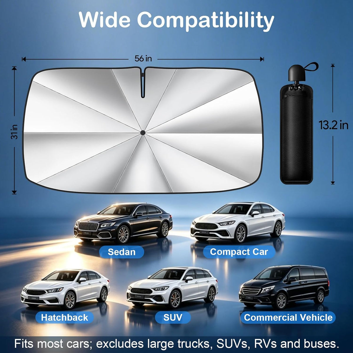 Windshield Sun Shade Umbrella, Foldable Car Windshield Sun Shade Cover, 56" x 31" UV & Heat Insulation Car Sun Shade, Universal Fit for Sedans, SUVs & Trucks