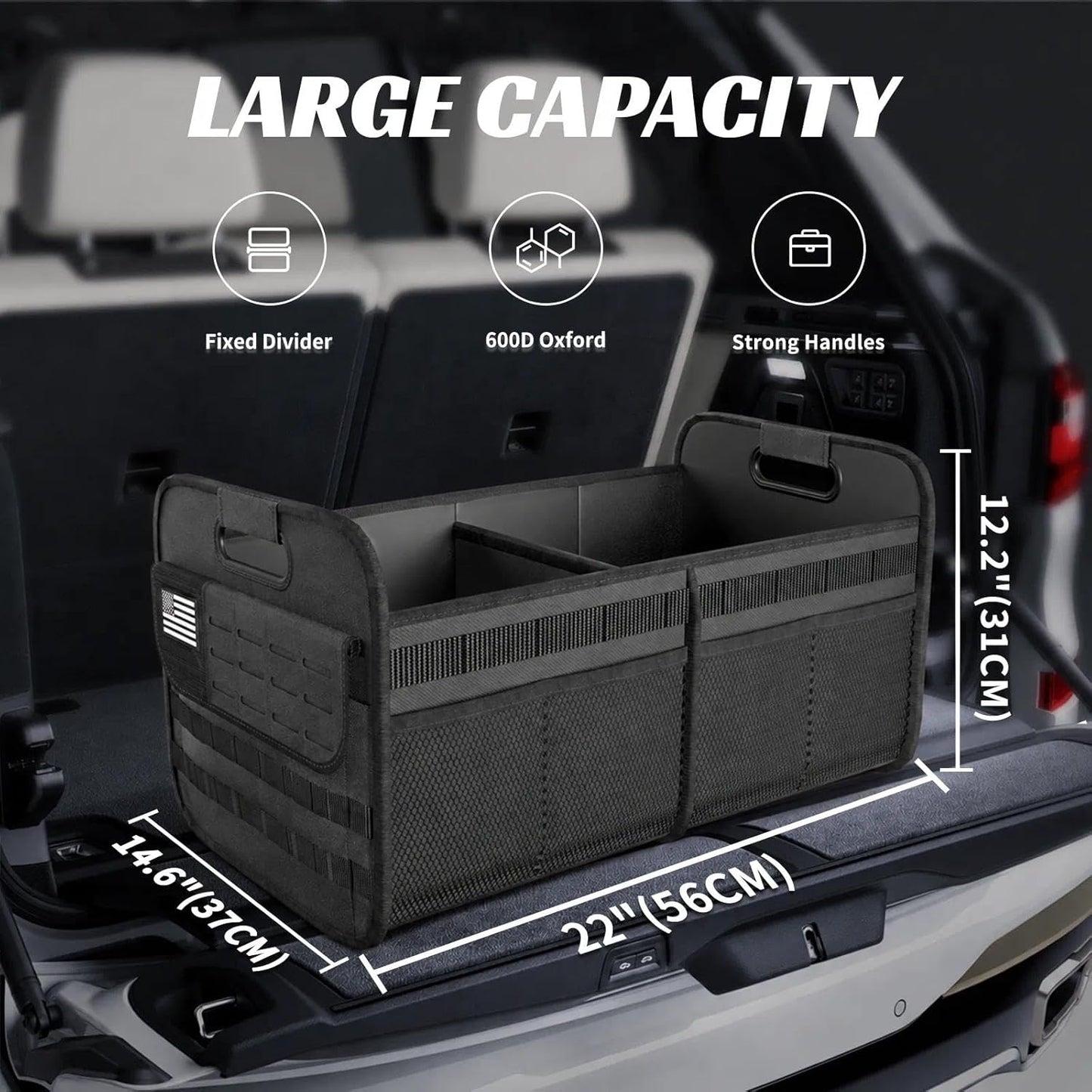 Sposuit Car Trunk Organizer for SUV - 65L Collapsible Tactical MOLLE Car Storage with Reinforced Handles & Multiple Pockets, Sturdy Trunk Organizers for Groceries, Tools & Outdoor Storage (Black)