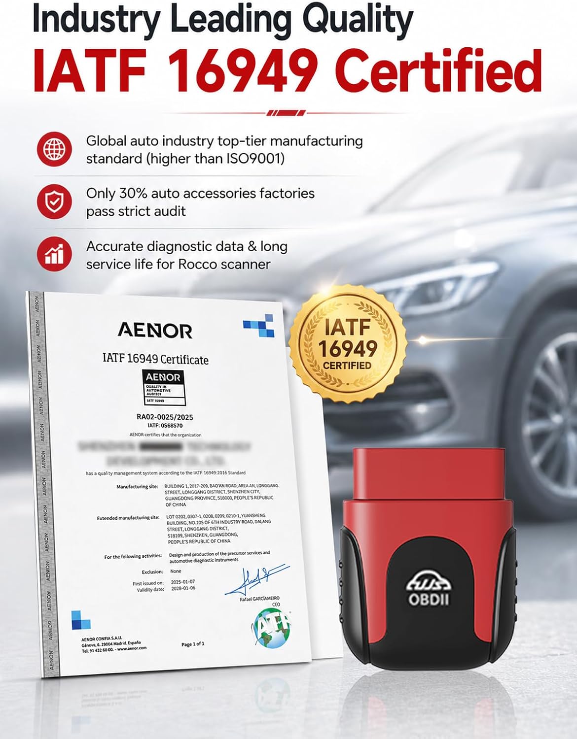 Rocco OBD2 Scanner Bluetooth for iPhone & Android, No Subscription(Red)