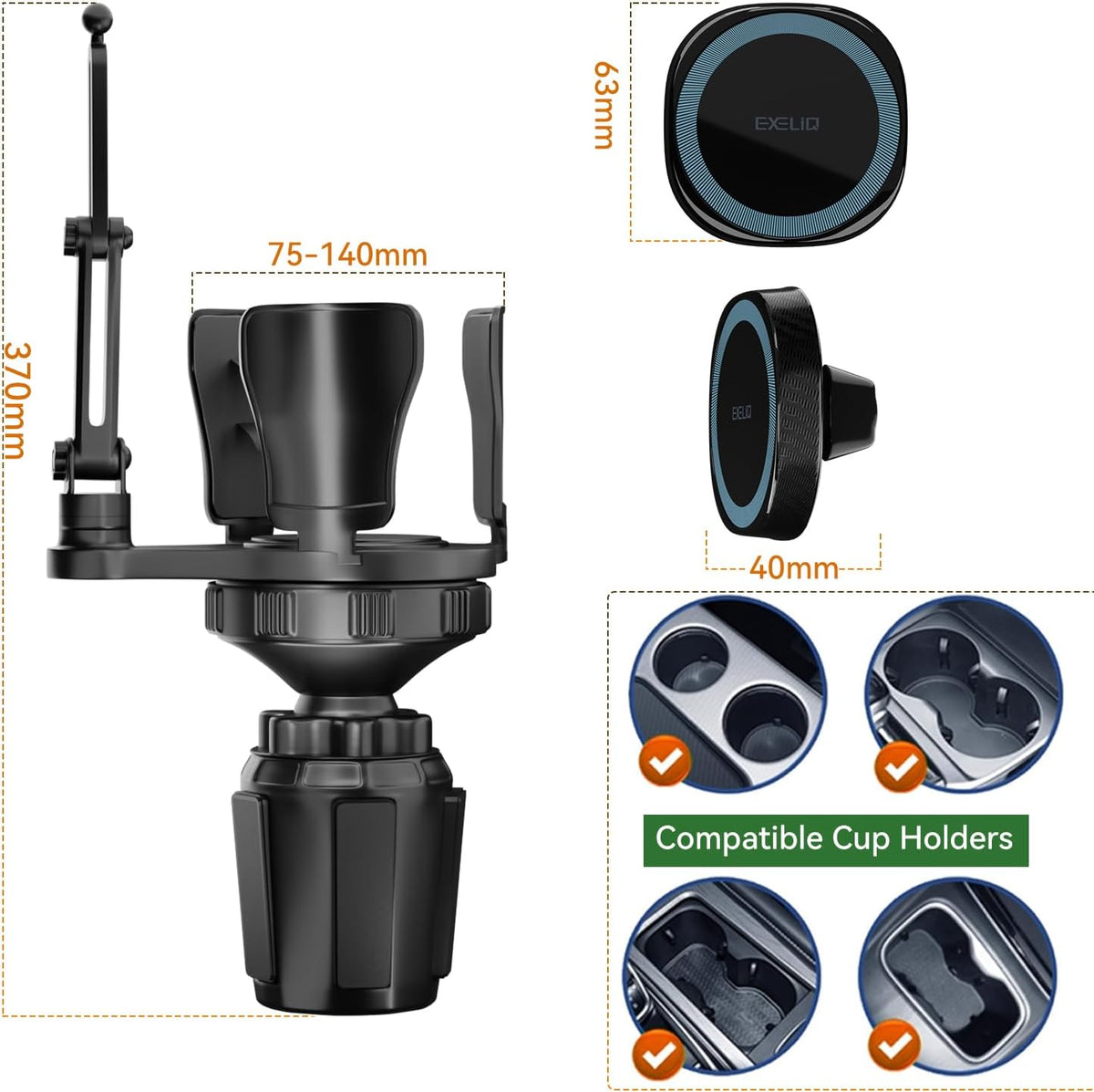 EXELIQ Cup Holder Phone Mount with MagSafe, 2-in-1 Expander
