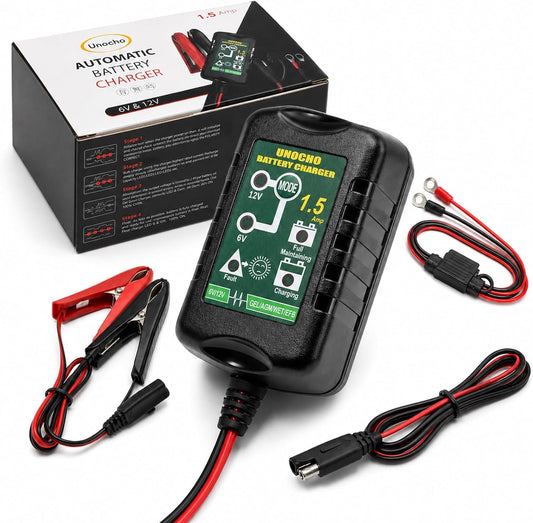 Unocho 6V/12V Battery Charger Maintainer 1.5A Automatic Trickle Charger Smart Float Charger for Car Motorcycle Lawn Mower Boat ATV Snowmobile Lead-Acid AGM GEL SLA VRLA WET Batteries