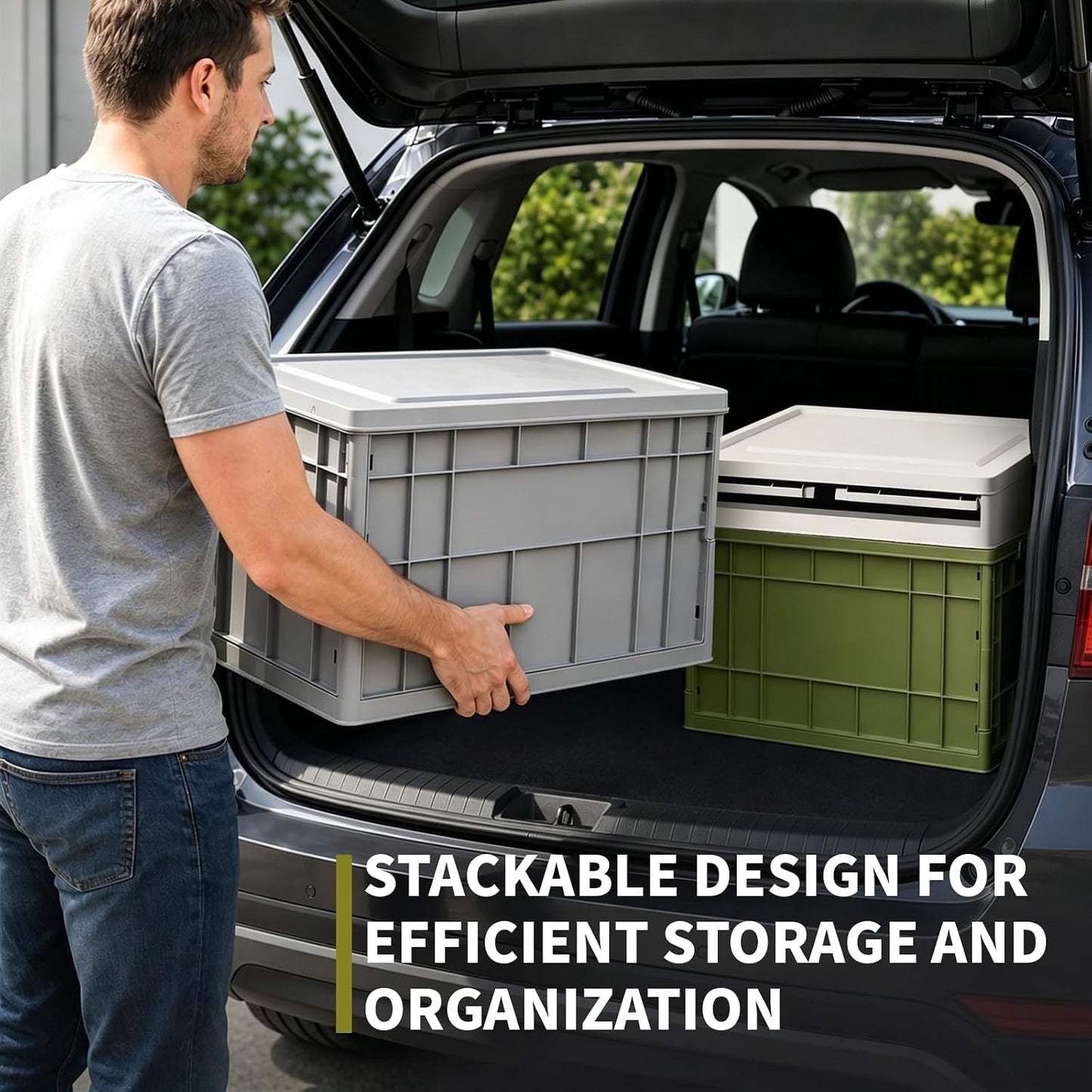 Stackable Storage Bins with Lids, 58L Collapsible Storage Bins with Wheels, Heavy Duty Folding Containers,Totes for Organizing Tools, Snacks, Books, Drinks, Camping & Transport (1 Pack)