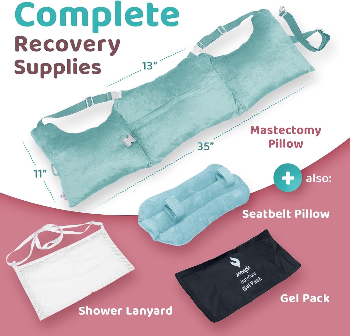 Zomaple Mastectomy Recovery Pillow with Strap, Gel Pack, Seat Belt Cover & Shower Lanyard – Post-Op Essentials, Breast Augmentation/Reduction & Recovery Supplies – Washable Cover for Comfort & Support