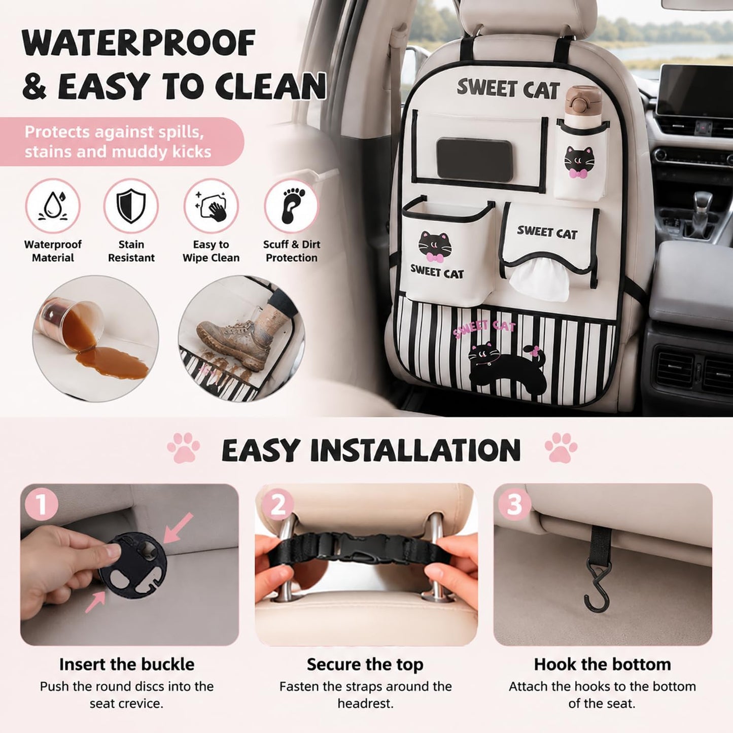 YUNZLAN Leather Backseat Car Organizer, Kick Mats Back Seat Protector with Touch Screen Tablet Holder Back Seat Organizer for Kids with 4 Storage Pockets Travel Accessories (BeigeBlackCat)
