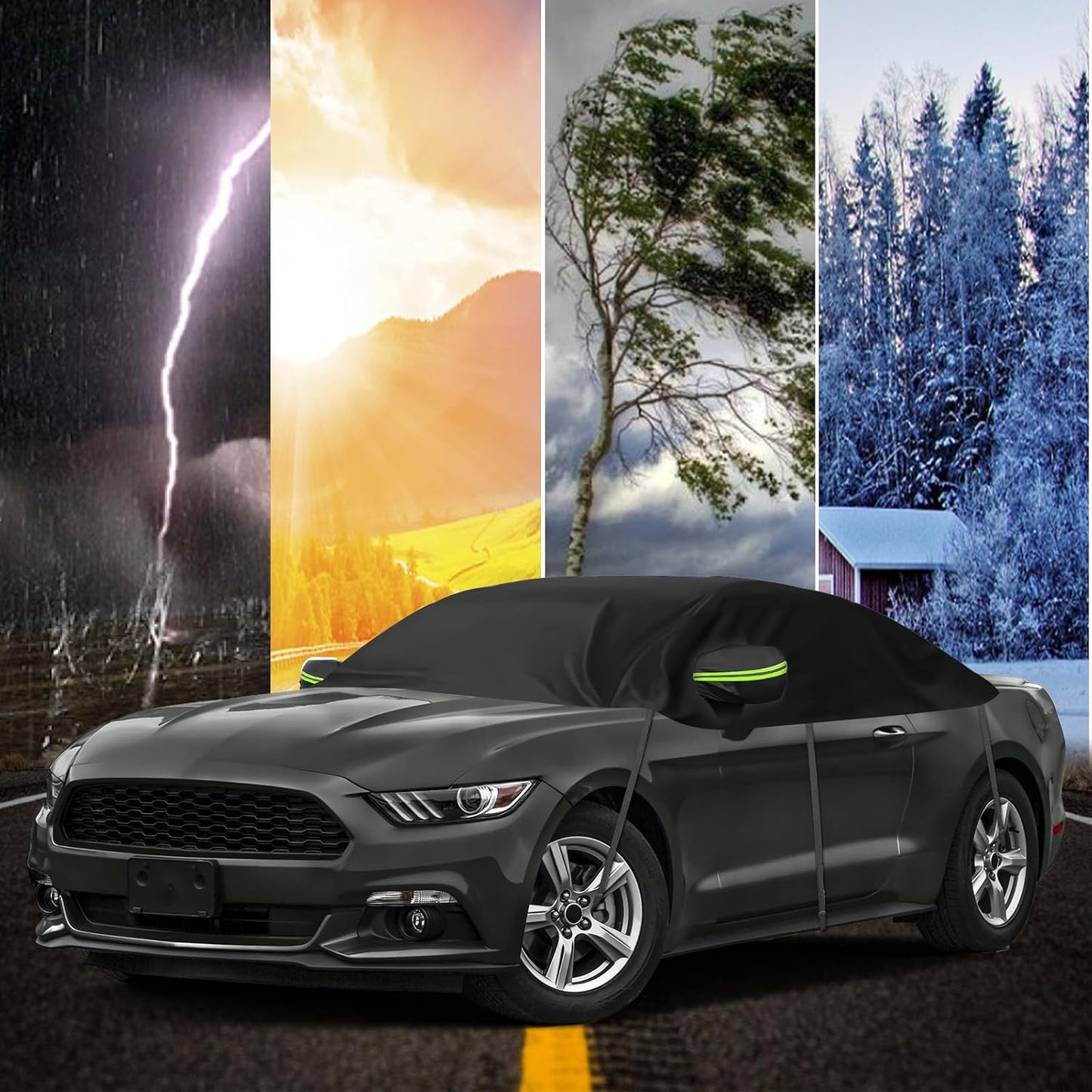 300D Black Oxford Half Car Cover Compatible with 2005-2024 Ford Mustang S-197/S550/S650, Protector Car Body Covers for Windproof Dustproof UV Resistant Protect Your Windshield and Roof