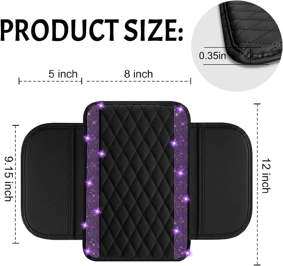 NBTEPEM Bling Car Center Console Cover, Leather Car Arm Rest Cover Cushion with 2 Storage Bags, Middle Console Cover Universal Armrest Protector Pads, Bling Accessories for Most Vehicles (Purple)