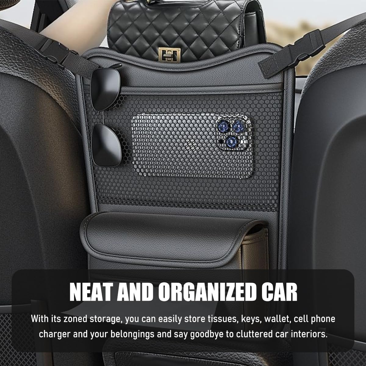 Car Organizer Storage Between Seats, Nappa Leather Front Seat Storage Bag with Tissue Holder, Automotive Console Hanging Net Pocket Handbag Holder for Phone Document (Black)
