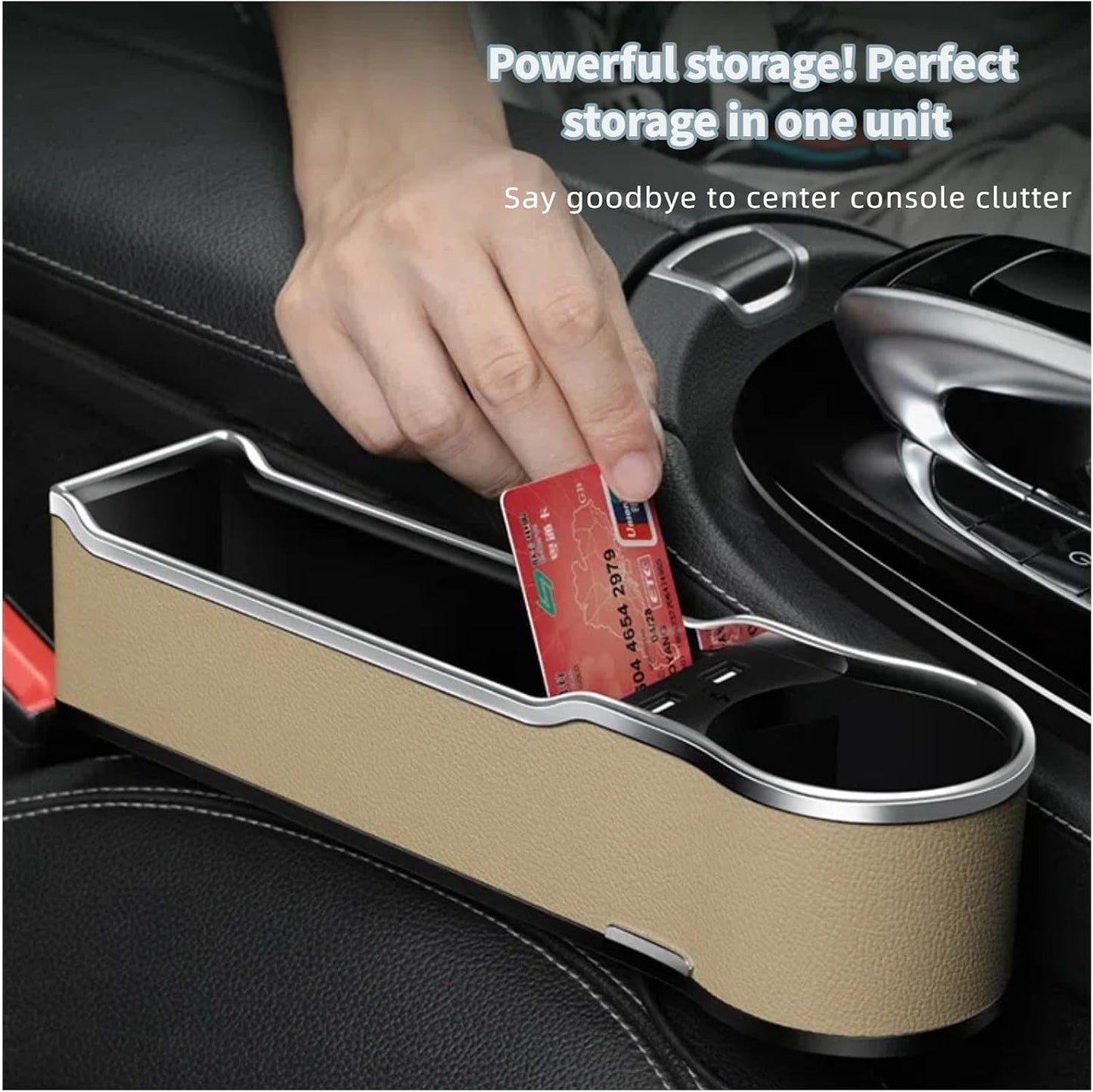 a Gap Filler Organizer with Cup Holder, Car Seat Organizer Auto Console Side Storage Box Organizer for Car Front Seat (Beige)