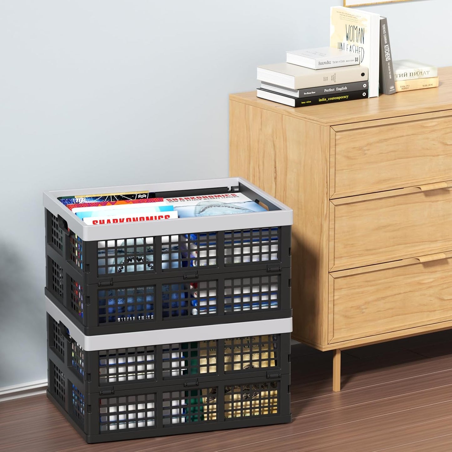 34 L Collapsible Storage Crate, Folding Plastic Crates, 4 Packs | Stackable Foldable Organization Milk Crates