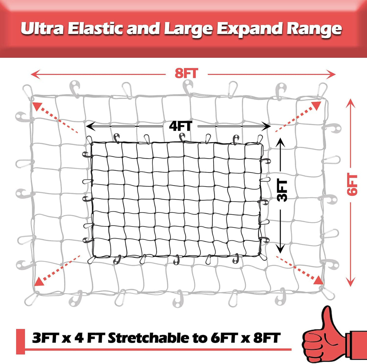 Natural Latex Core Cargo Net for Car SUV Roof Rack | 3'x4' Stretches to 6'x8' Small Bungee Net for Pickup Bed | 12 Carabiners + 12 Hooks | Tight 4”x4” Mesh for Ford, Dodge, Chevy, Toyota