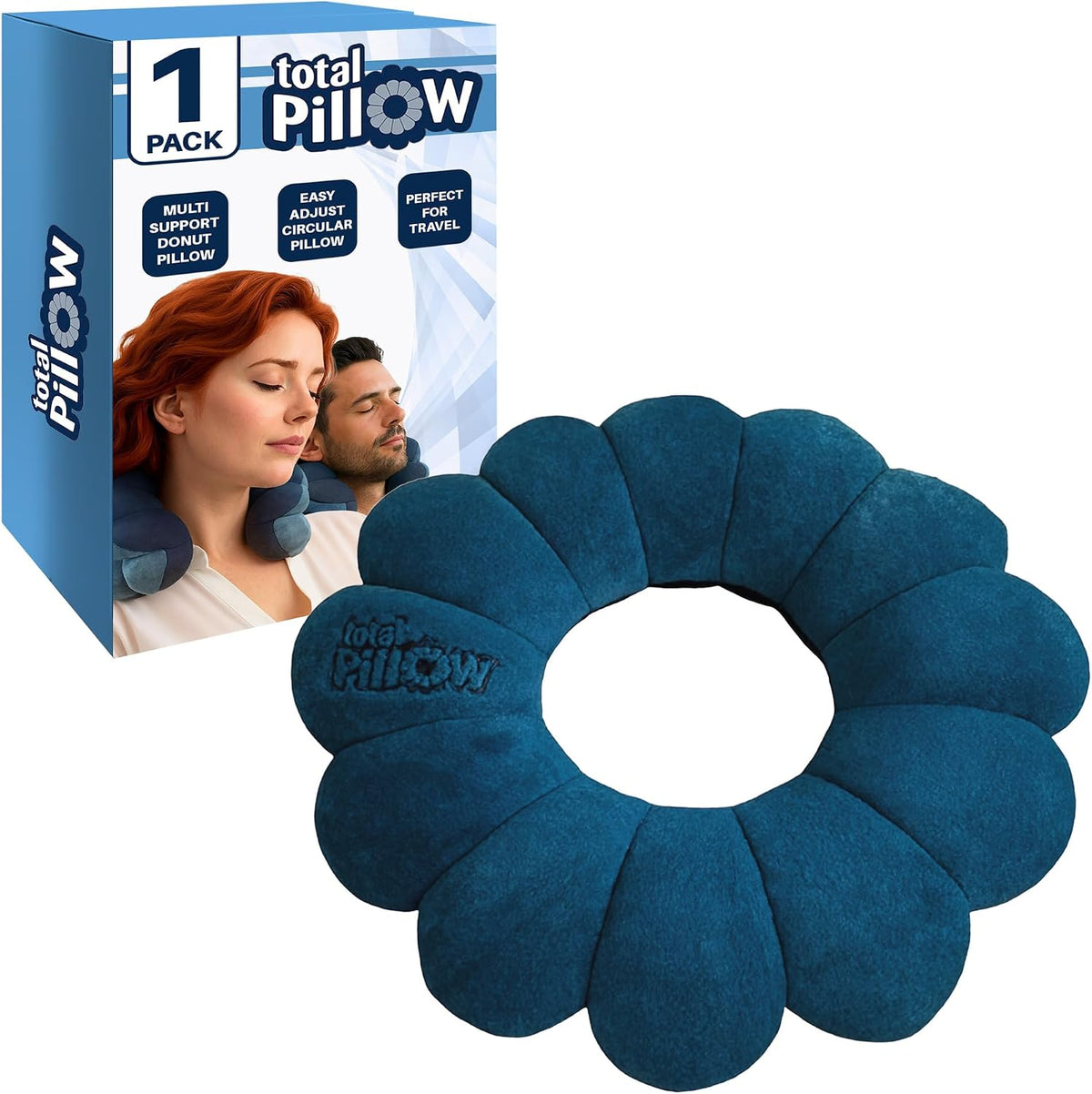 Total Pillow Donut Pillow for Airplane & Travel, Sleeping Neck Pillow, Microbead Comfortable Pillow for Neck, Head, Back, Lumbar & Pelvic Support, Twists to Many Positions - 2 Pack, Blue