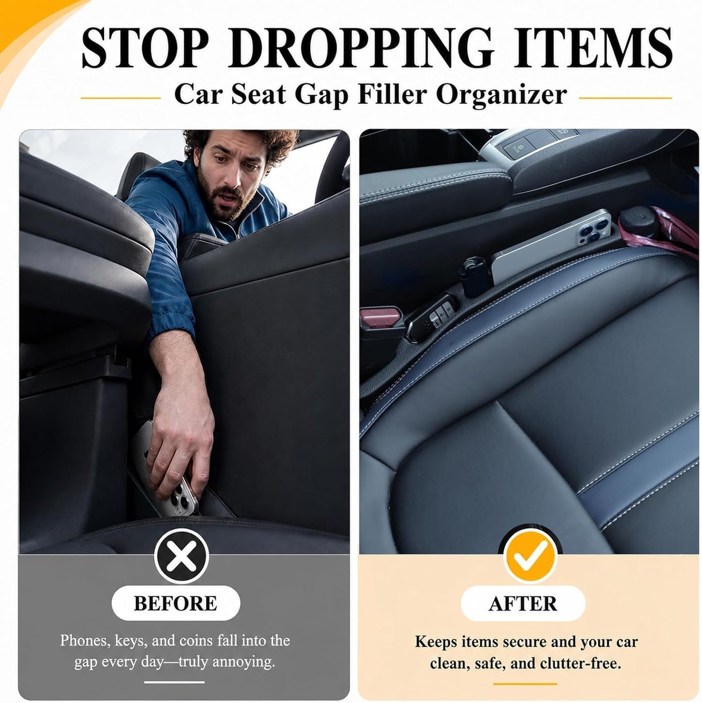 2-Pack Car Seat Gap Filler Compatible with Subaru Outback, Forester, Crosstrek, Ascent & Solterra Accessories, Seat Gap Organizer with Emergency Glass Breaker & 2 Sunglasses Holders, Black