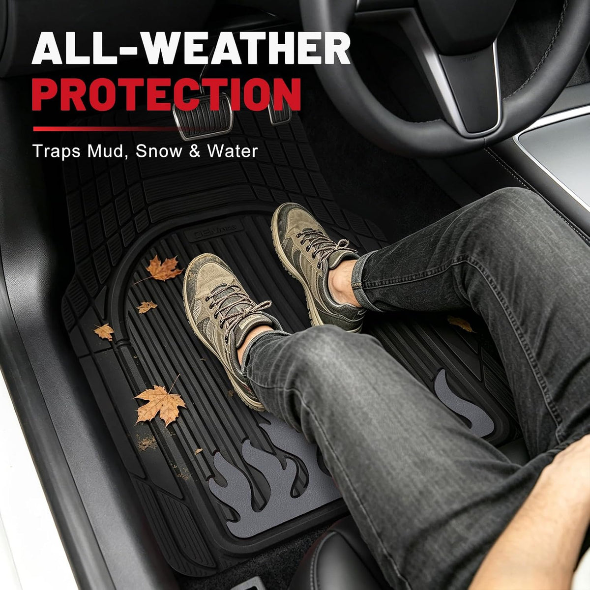 Heavy Duty Rubber Car Mats Flame Design (Graphite Gray), 4-Piece Deep Waterproof Floor Mats Set (Front & Rear Full Set), All Weather Universal Trim to Fit Automotive SUV Sedan Truck