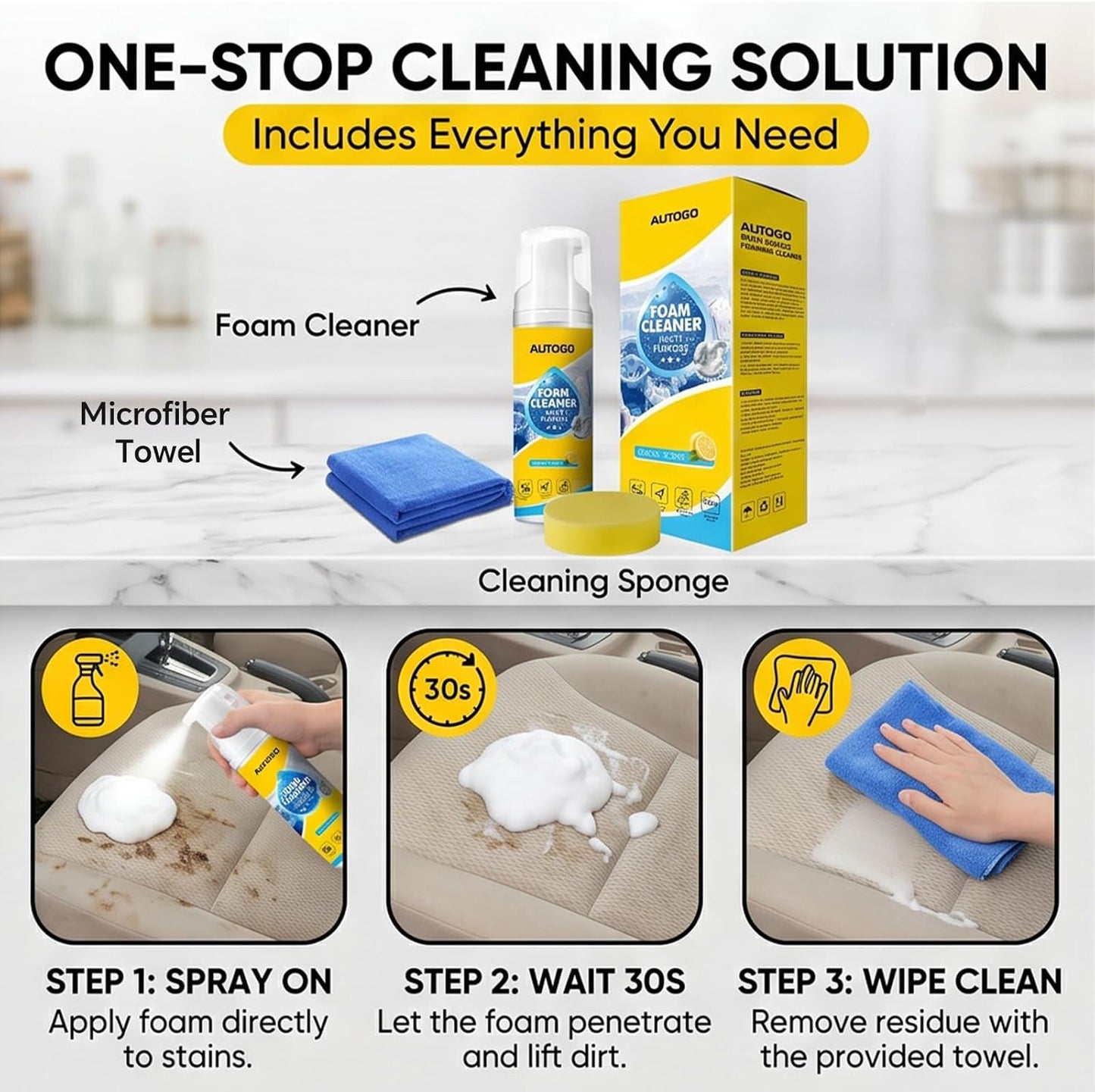4-in-1 Multi Enzyme Foam Cleaner, All Purpose Cleaning Foam Spray for Car Interior, Upholstery, Kitchen Grease &amp; Bathroom Surfaces, Multi Surface Cleaner for Fabric, Vinyl, Plastic and Leather (2)