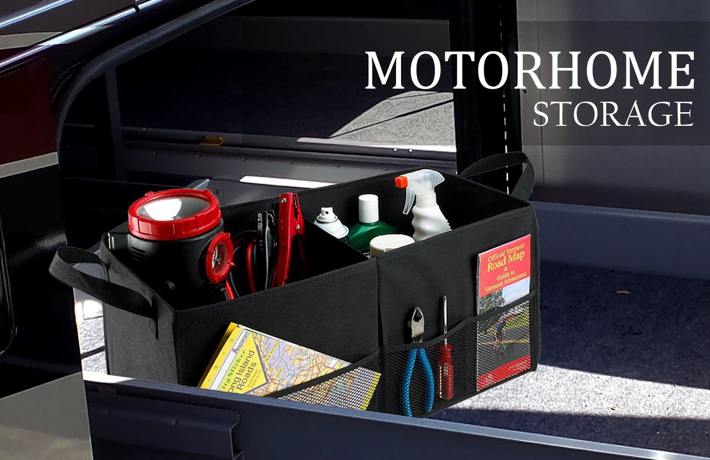 Handy Laundry Car Trunk Organizer – Large 2 Compartment Storage Bin with Non-Slip Fastener, Mesh Side Pockets & Heavy-Duty Handles, 22 x 10 x 11 in, Black – Prevents Shifting & Rolling