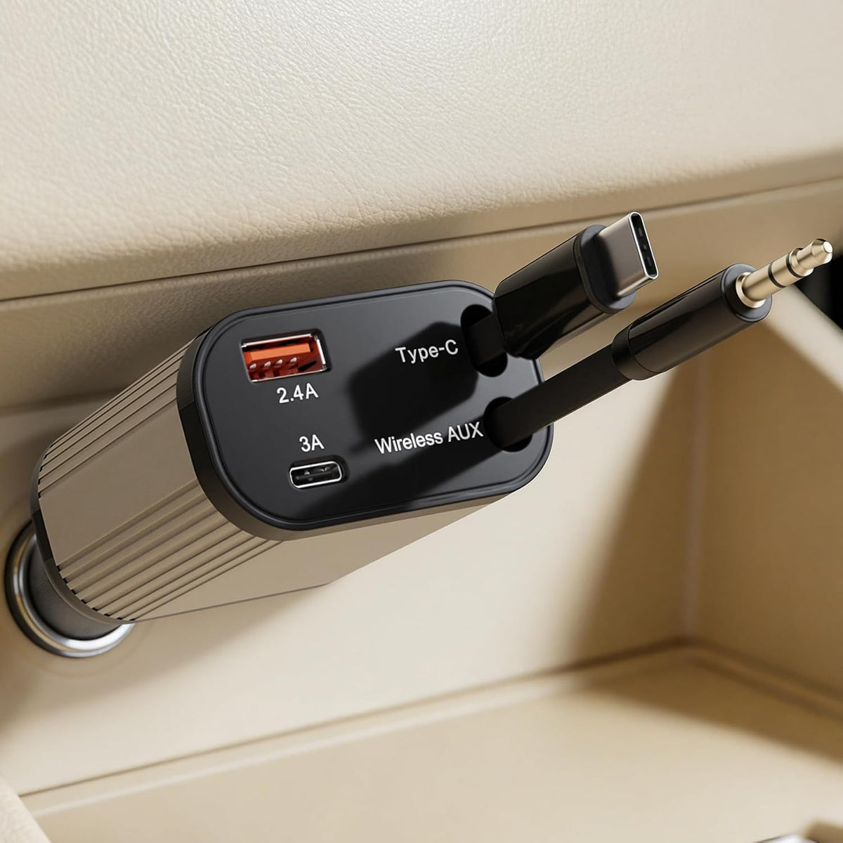 100W AUX Retractable Car Charger, Compact 4-in-1 Fast Charging USB-C Charger with Wireless AUX, Stream Music Wirelessly, Compatible with iPhone 17-11, Galaxy, Pixel, and USB Devices, Car Accessories