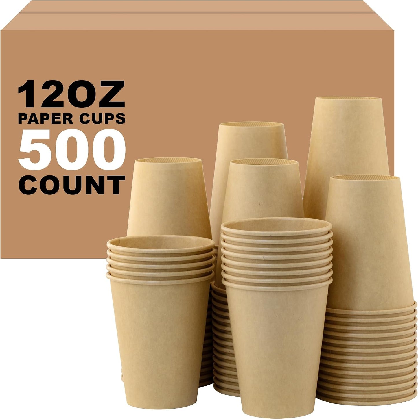 12 oz 500 Pack Disposable Coffee Cups, Bulk Brown Disposable Paper Cups, Coffee Cups for Hot Tea, Chocolate and Cold Drinks