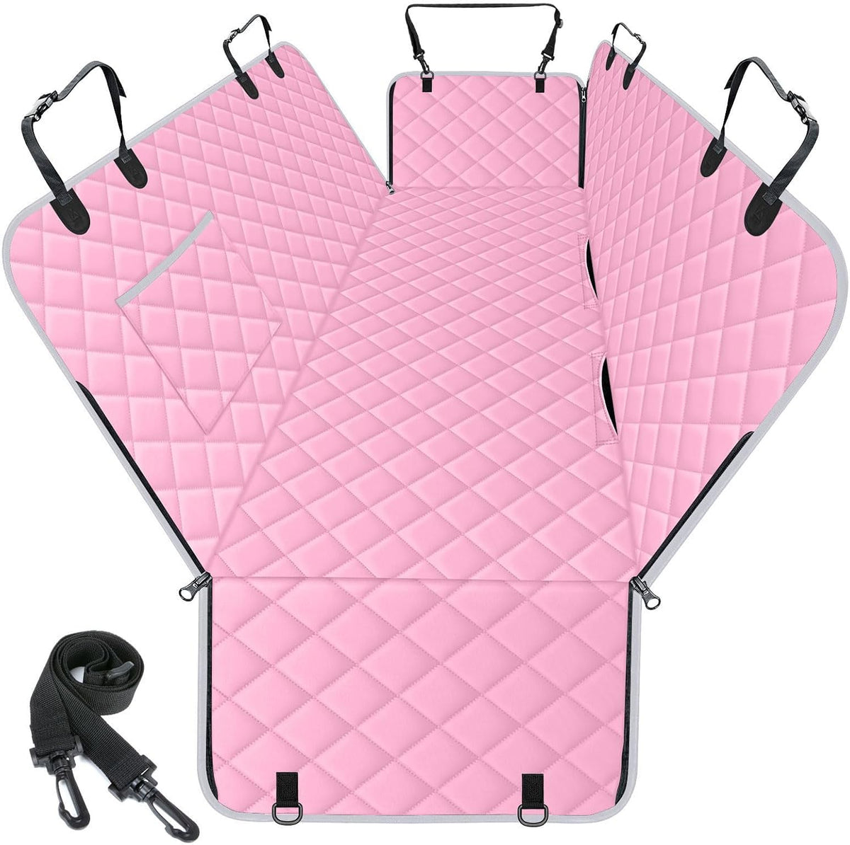 Waterproof Dog Car Seat Cover for Back Seat, Pet Hammock- L, Pink/Grey | Durable waterproof hammock with nonslip design & storage pockets. Protects seats from scratches, fits cars, SUVs & trucks.