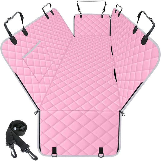Waterproof Dog Car Seat Cover for Back Seat, Pet Hammock- L, Pink/Grey | Durable waterproof hammock with nonslip design & storage pockets. Protects seats from scratches, fits cars, SUVs & trucks.
