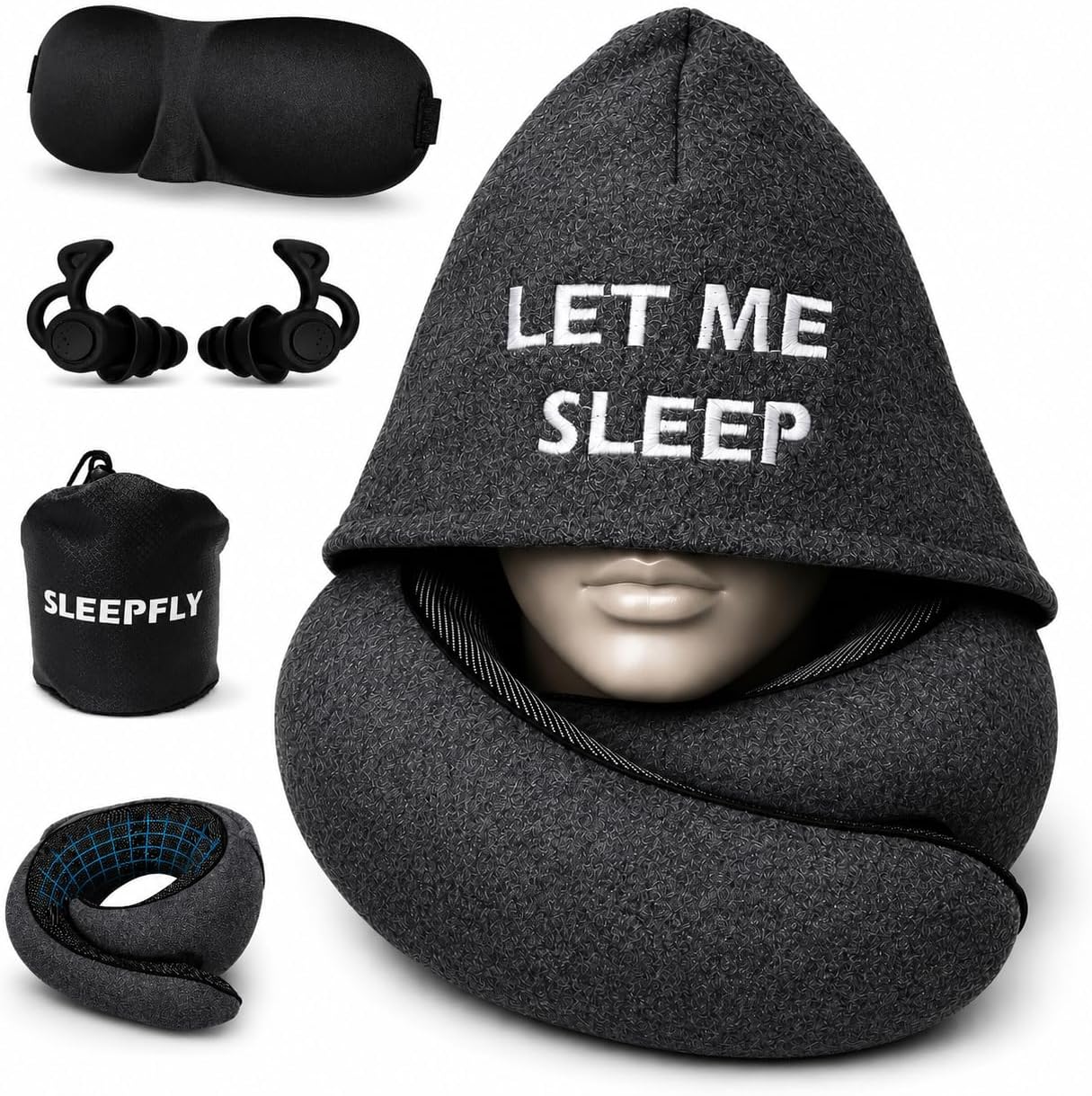 Sleepfly Travel Neck Pillow with Hood – 3-in-1 Travel Essentials Kit : Neck Pillow, Blackout Mask & Silicone Earplugs – Ergonomic Memory Foam Neck Support for Airplane, Car and Train