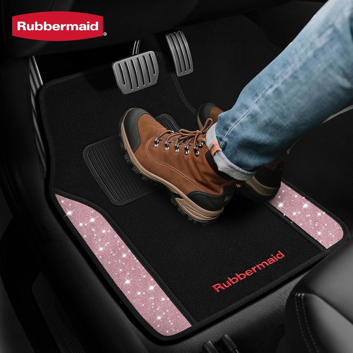 Rubbermaid Bling Car Mats, Carpeted Floor Car Mat with Faux Leather & Built-in Heel Pad, Two-Tone Car Rug Floor Mats, Stylish Carpeted Floor Mats for Cars, Trucks & SUVs Glitter Pink Color