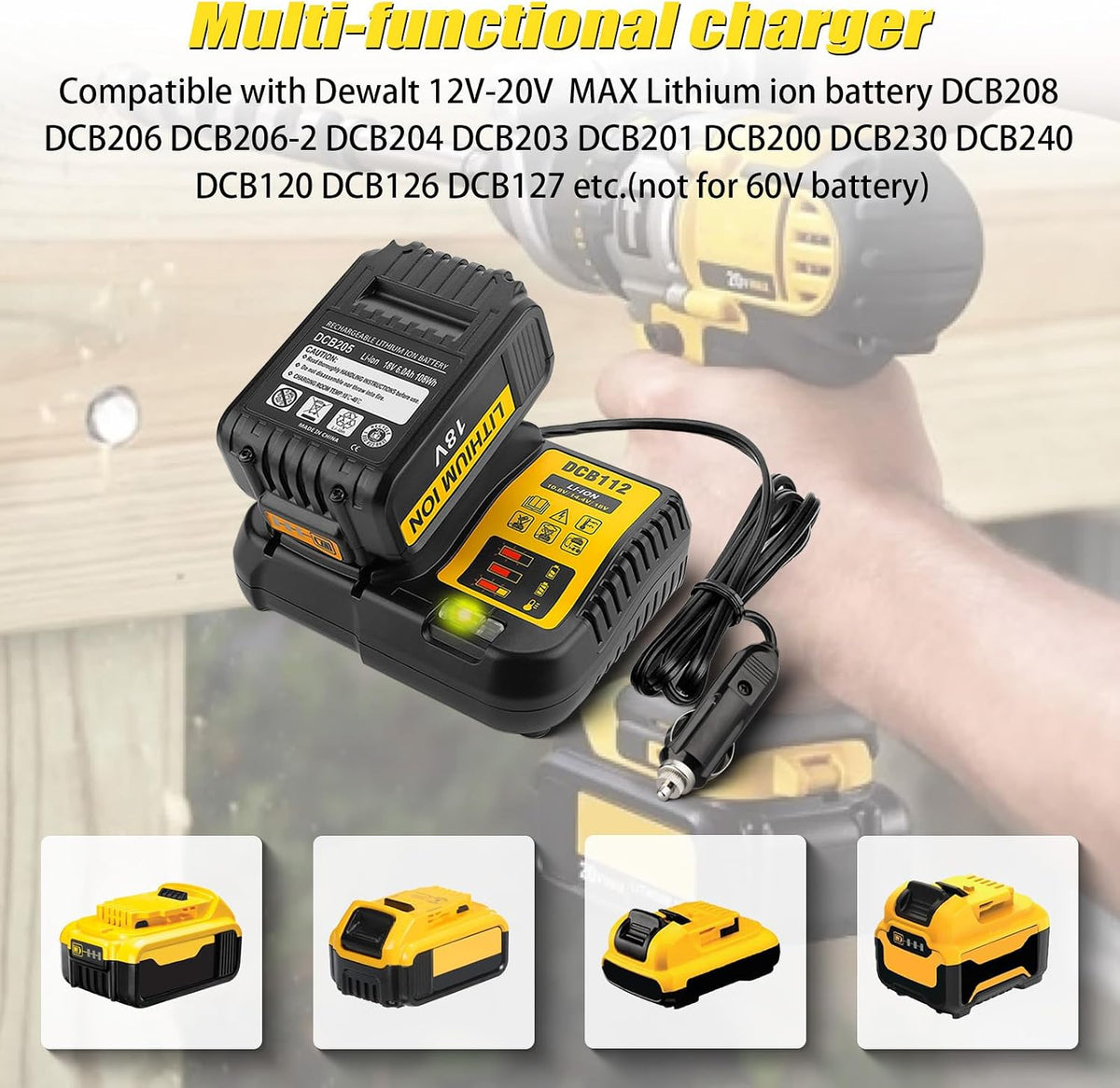 DCB112 for Dewalt Battery Car Charger, Replace for Dewalt 12V 20V and 60V Max Battery use on Car, Charging Input 12V/24V Cigarette Lighter Plug