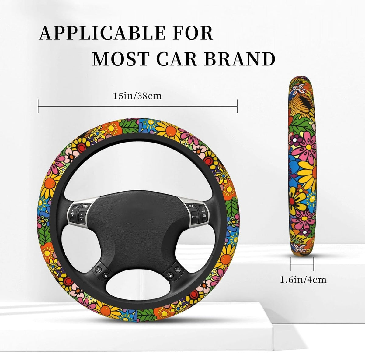 Hippie Flower Neoprene Steering Wheel Cover- 15in Car Accessories