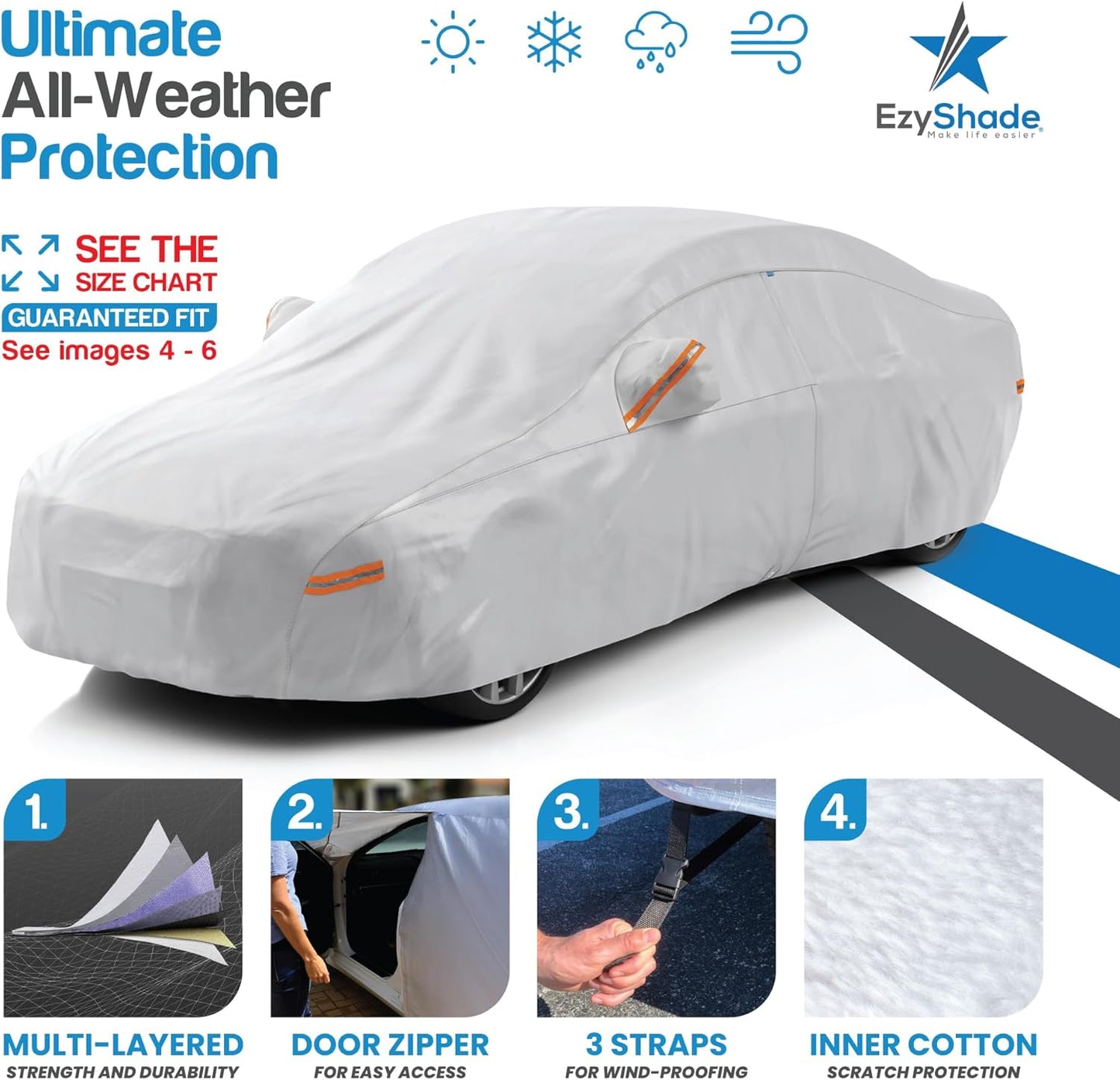 EzyShade Multi-Layer Car Cover Waterproof All Weather - See Vehicle Size-Chart - Outdoor Full Exterior Covers for Automobiles - Sedan Hatch SUV - Rain Snow Sun UV Protection. Size A4 (See SizeChart)