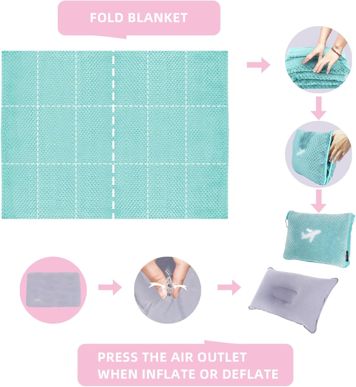 3 in 1 Travel Blanket Pillow Set - 350 GSM Thick Travel Blanket Airplane Compact with Bag, Soft Bag with a Pocket, Inflatable Travel Pillow for Camping & Car Trip(Mint Green)